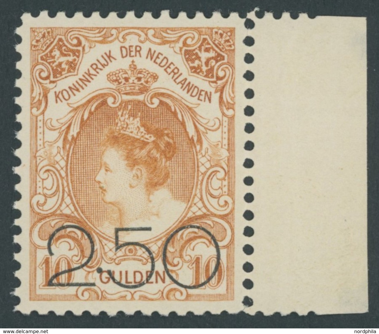 NIEDERLANDE 99 *, 1920, 2.50 G. Auf 10 G. Dunkelorange, Rechtes Randstück, Falzrest, Pracht - Paesi Bassi