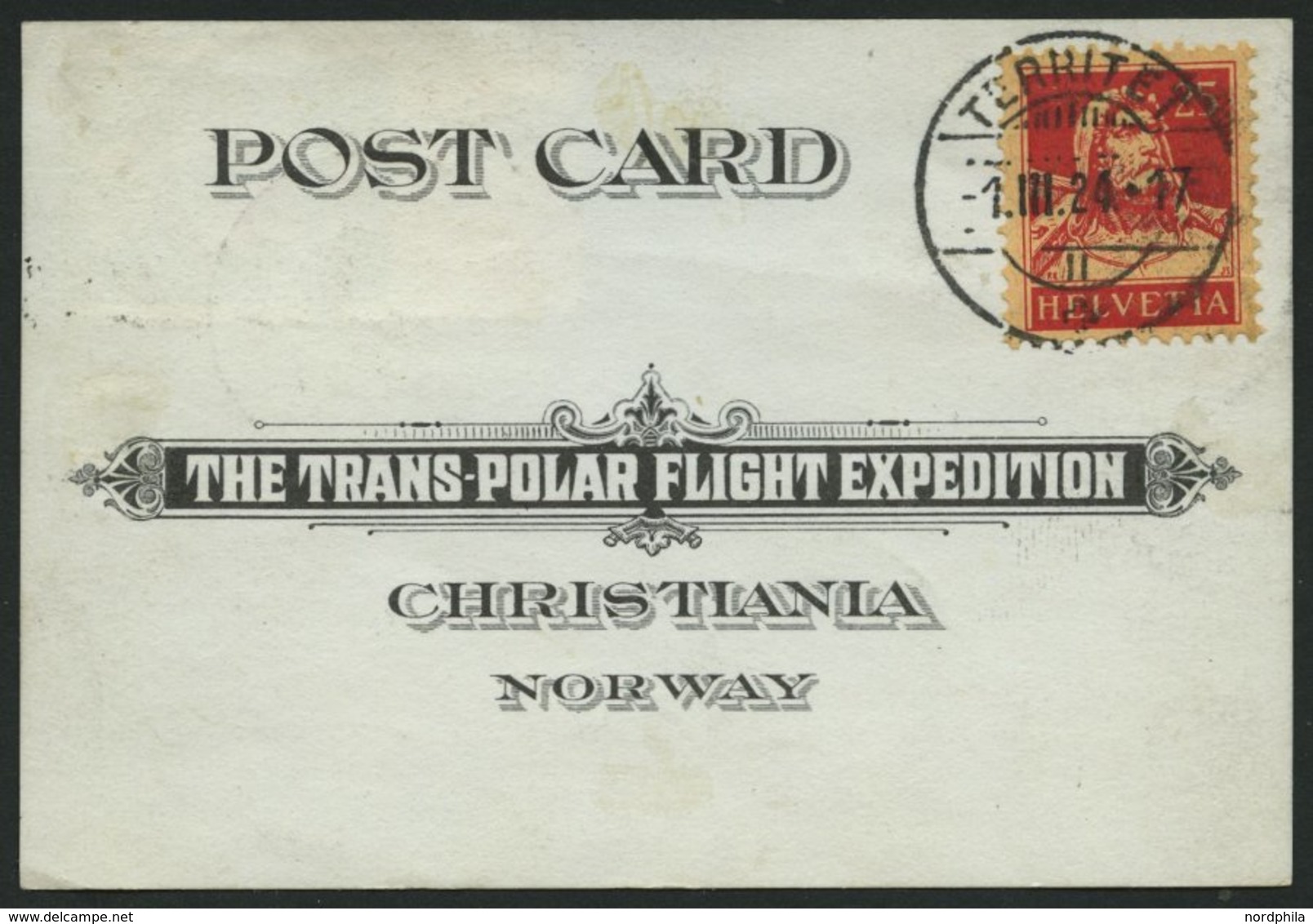 NORWEGEN 78,115 BRIEF, 1924, THE TRANS-POLAR FLIGHT EXPEDITION, Souvenierkarte Von Christiania In Die Schweiz, Rückseiti - Other & Unclassified