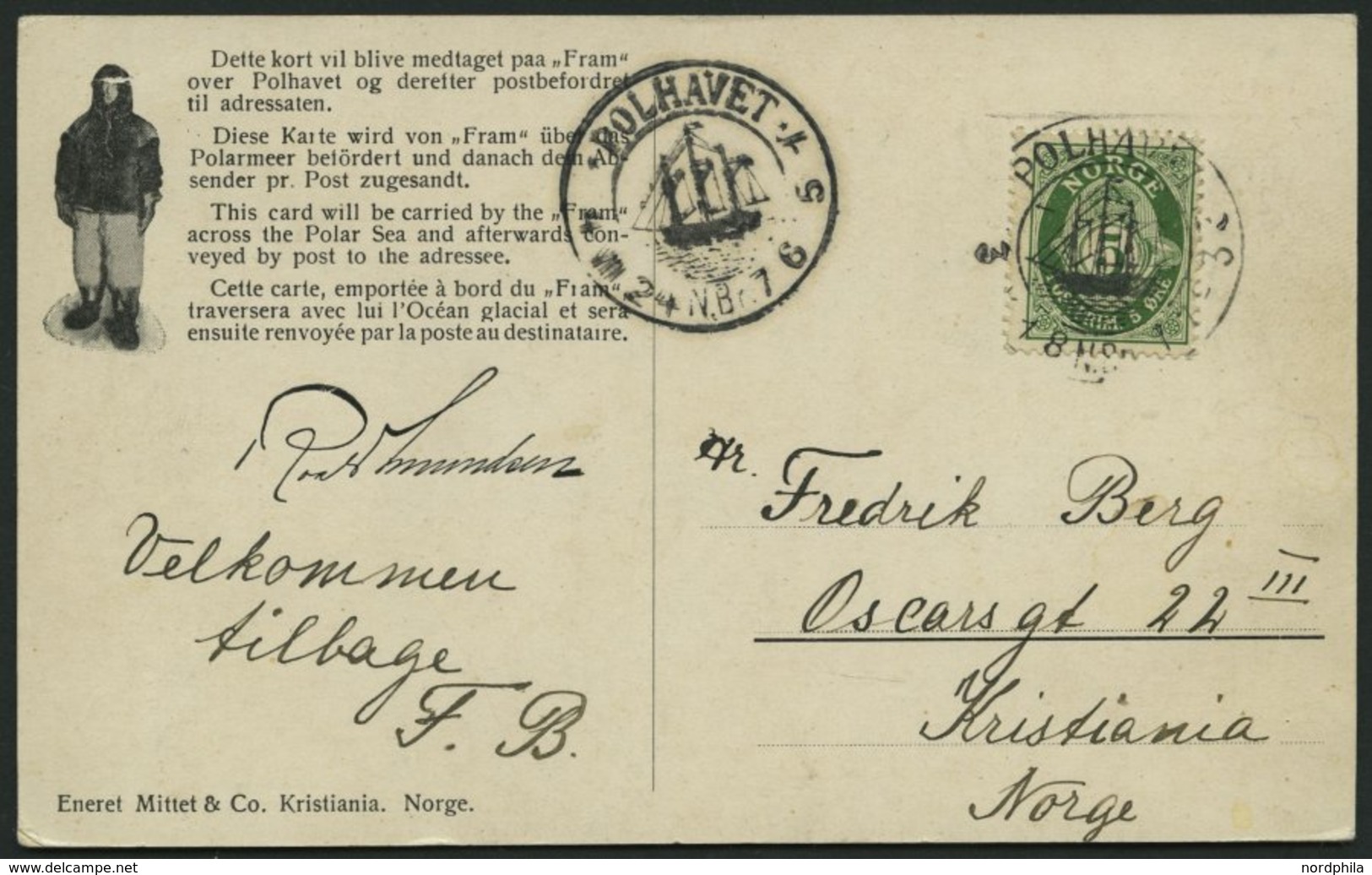 NORWEGEN 78 BRIEF, 1924, Fram - Karte, Von POLHAVET Nach Kristiania, Pracht - Other & Unclassified