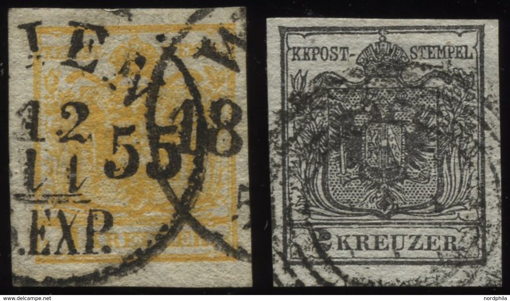 ÖSTERREICH 1,2X O, 1850, 1 Kr. Gelb Und 2 Kr. Schwarz, Handpapier, 2 Prachtwerte, Mi. 220.- - Usados