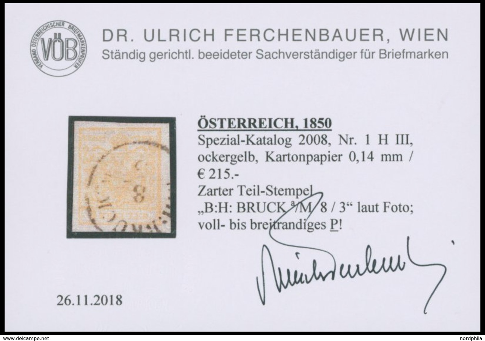 ÖSTERREICH BIS 1867 1Xaz O, 1850, 1 Kr. Ockergelb, Handpapier, Kartonpapier (0.14 Mm), K1 B:H:BRUCK, Pracht, Fotobefund  - Gebruikt