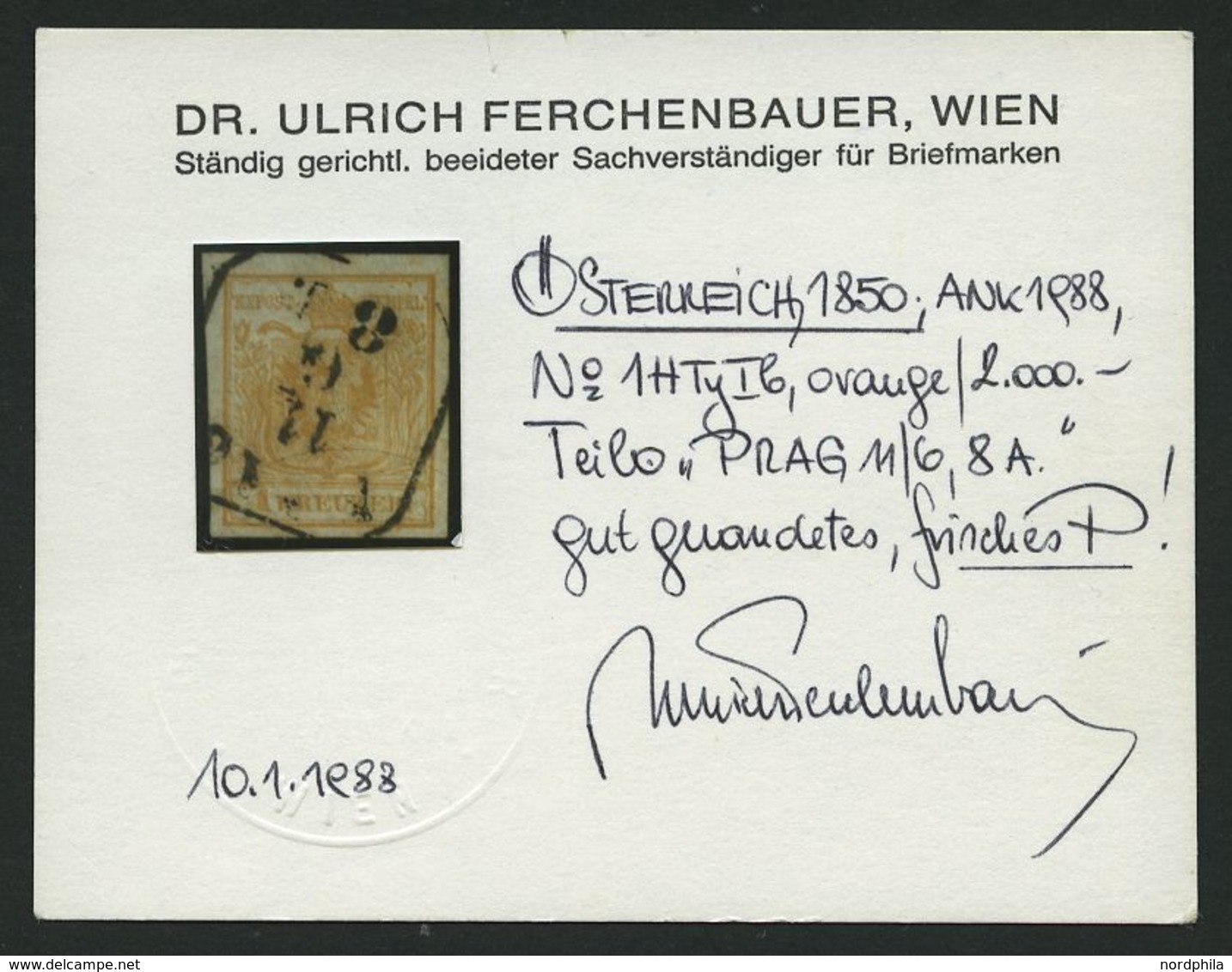 ÖSTERREICH 1Xb O, 1850, 1 Kr. Orange, Handpapier, Type Ib, R4 PRAG, Pracht, Fotobefund Dr. Ferchenbauer - Used Stamps