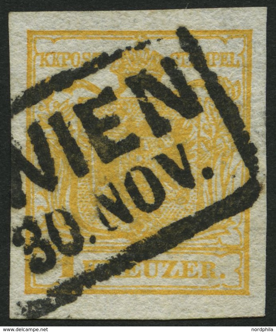 ÖSTERREICH 1Xb O, 1850, 1 Kr. Orange, Handpapier, Type Ib, R2 WIEN, Kabinett - Usati