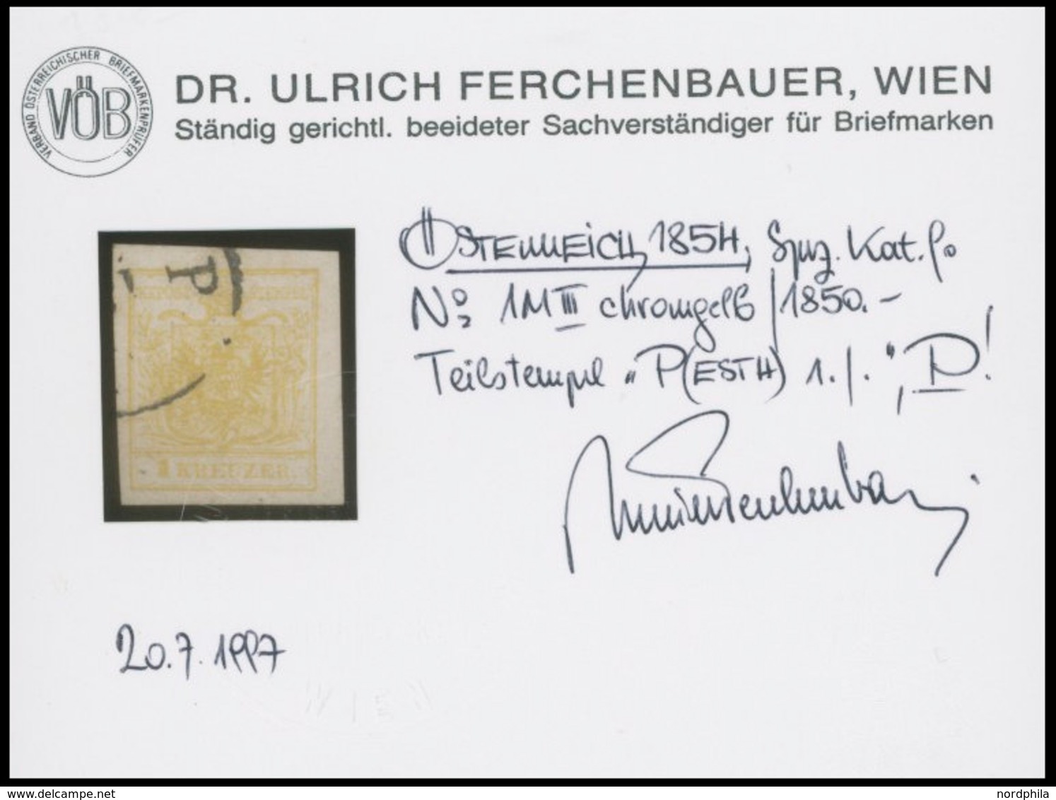 ÖSTERREICH BIS 1867 1Y O, 1854, 1 Kr. Chromgelb, Maschinenpapier, Type III, K1 P(ESTH), Pracht, Fotobefund Dr. Ferchenba - Gebraucht