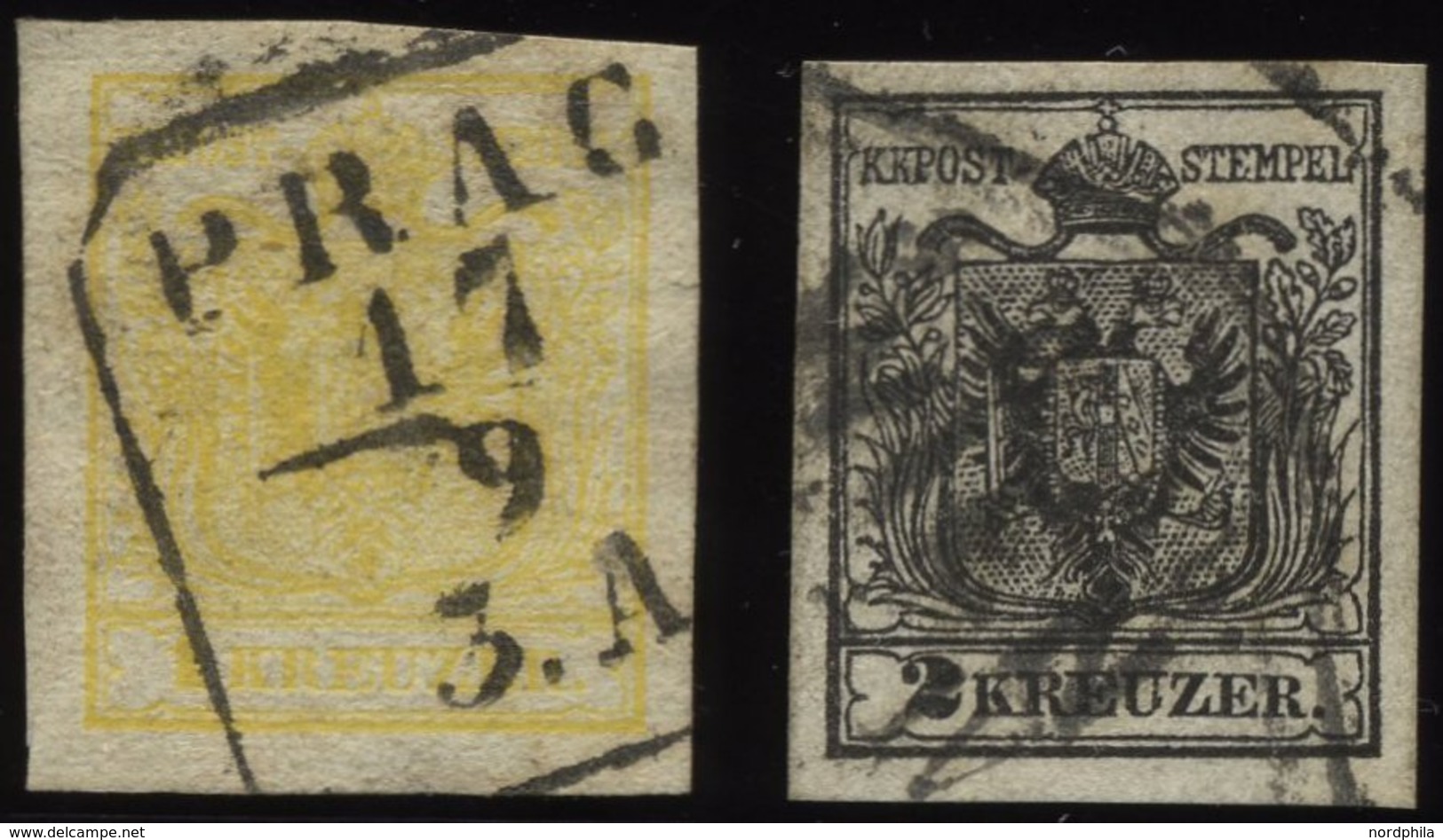 ÖSTERREICH 1,2Ya O, 1854, 1 Kr. Gelb Und 2 Kr. Schwarz, Maschinenpapier, 2 Prachtwerte, Mi. 200.- - Gebruikt