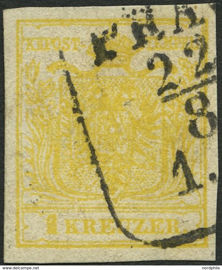 ÖSTERREICH 1Ya O, 1854, 1 Kr. Gelb, Maschinenpapier, Type III, R4 PRA(G), Pracht, Fotobefund Dr. Ferchenbauer, Mi. 120.- - Usati