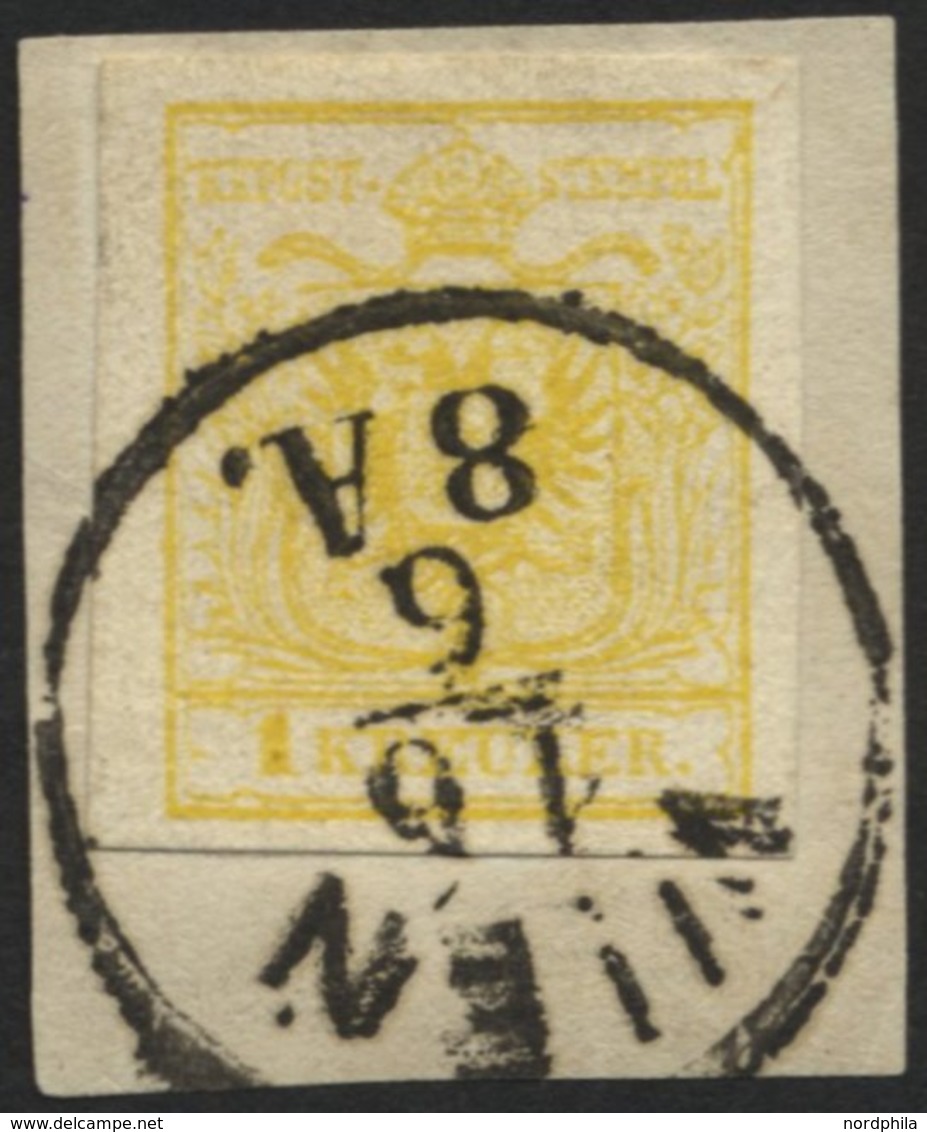 ÖSTERREICH 1Ya BrfStk, 1854, 1 Kr. Gelb, Maschinenpapier, Breitrandiges Kabinettstück Auf Briefstück, Marke Zur Kontroll - Usati