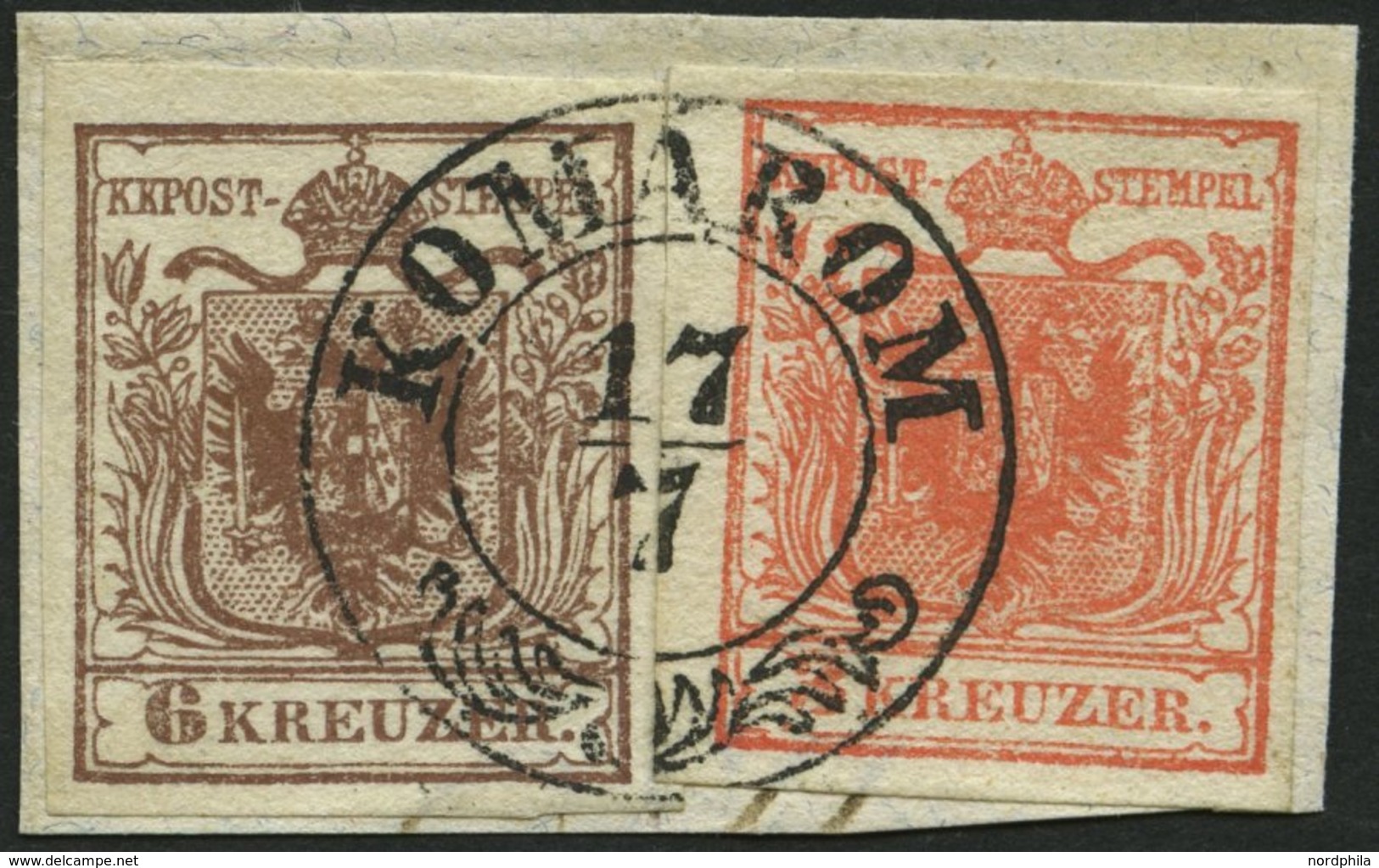 ÖSTERREICH 3/4X BrfStk, 1850, 3 Kr. Rot Und 6 Kr. Braun, Handpapier, Zentrischer Ungarn K2 KOMARON, Kabinettbriefstück - Usati