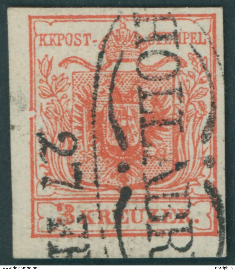 ÖSTERREICH BIS 1867 3XR O, 1850, 3 Kr. Karmin, Handpapier, Geripptes Papier, Zierstempel HOLLABRUN, Rahmenbruch Links, P - Usati