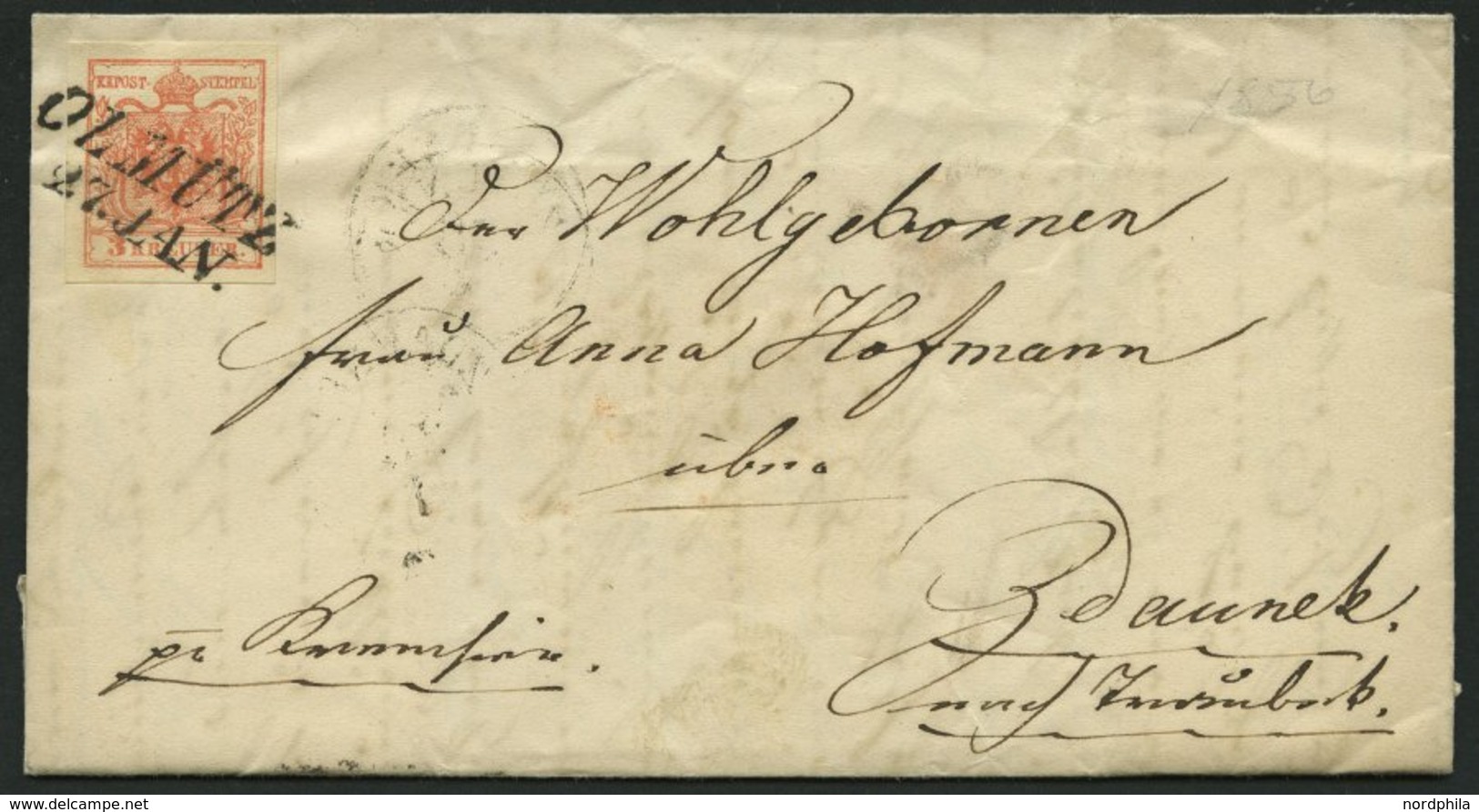 ÖSTERREICH 3Y BRIEF, 1856, 3 Kr. Rot, Maschinenpapier, Type IIIb, L2 OLMÜTZ, Prachtbrief Nach Zdaunek - Gebraucht