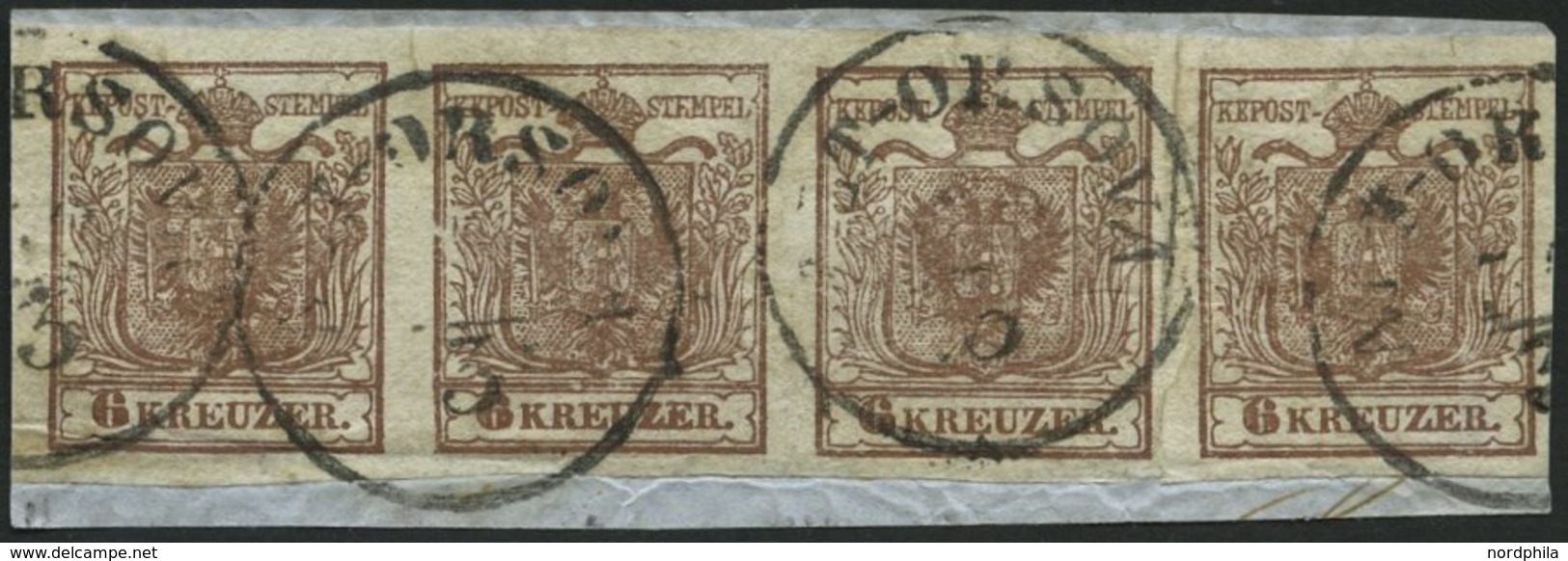 ÖSTERREICH 4X BrfStk, 1850, 6 Kr. Braun, Handpapier, Type Ia, Im Waagerechten Viererstreifen, 2. Marke Mit Plattenfehler - Usati