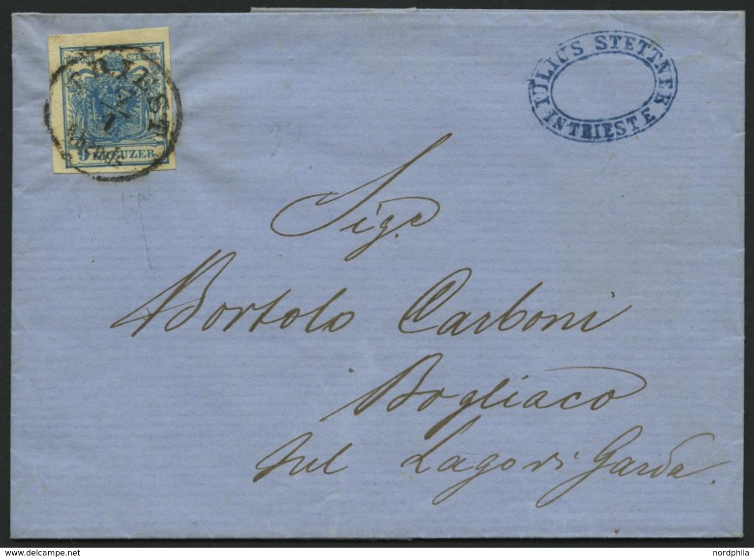 ÖSTERREICH 5Y BRIEF, 1855, 9 Kr. Blau, Maschinenpapier, Type IIIb, K1 TRIEST Abends, Prachtbrief Nach Bogliaco - Gebruikt