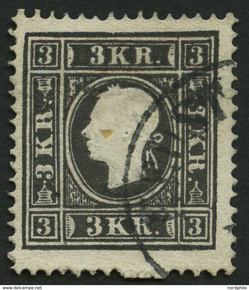ÖSTERREICH 11II O, 1859, 3 Kr. Schwarz, Type II, Unten Drei Ausgelassene Zähnungslöcher, Pracht - Gebruikt