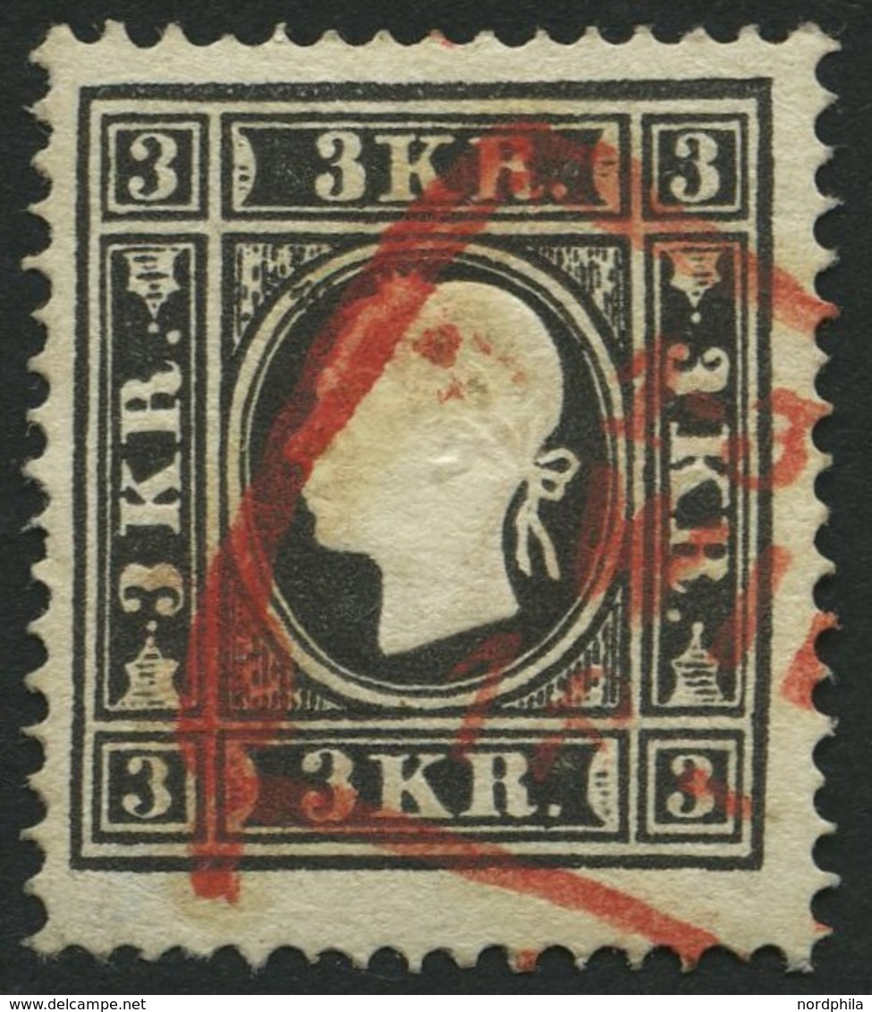 ÖSTERREICH 11II O, 1859, 3 Kr. Schwarz, Type II, Roter R3, Pracht, Mi. 230.- - Used Stamps