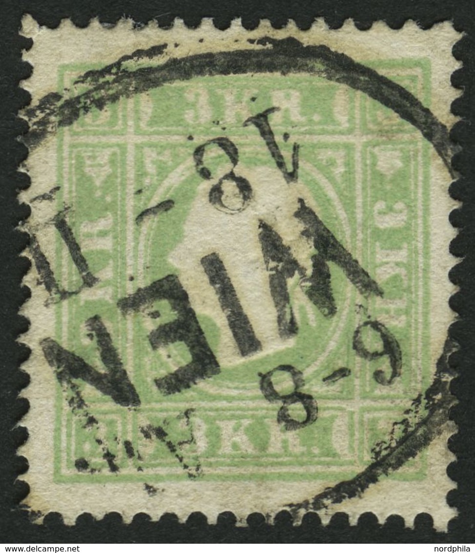 ÖSTERREICH 12a O, 1859, 3 Kr. Grün, Ovalstempel WIEN, Ein Loser Eckzahn Sonst Pracht, Mi. 180.- - Gebruikt