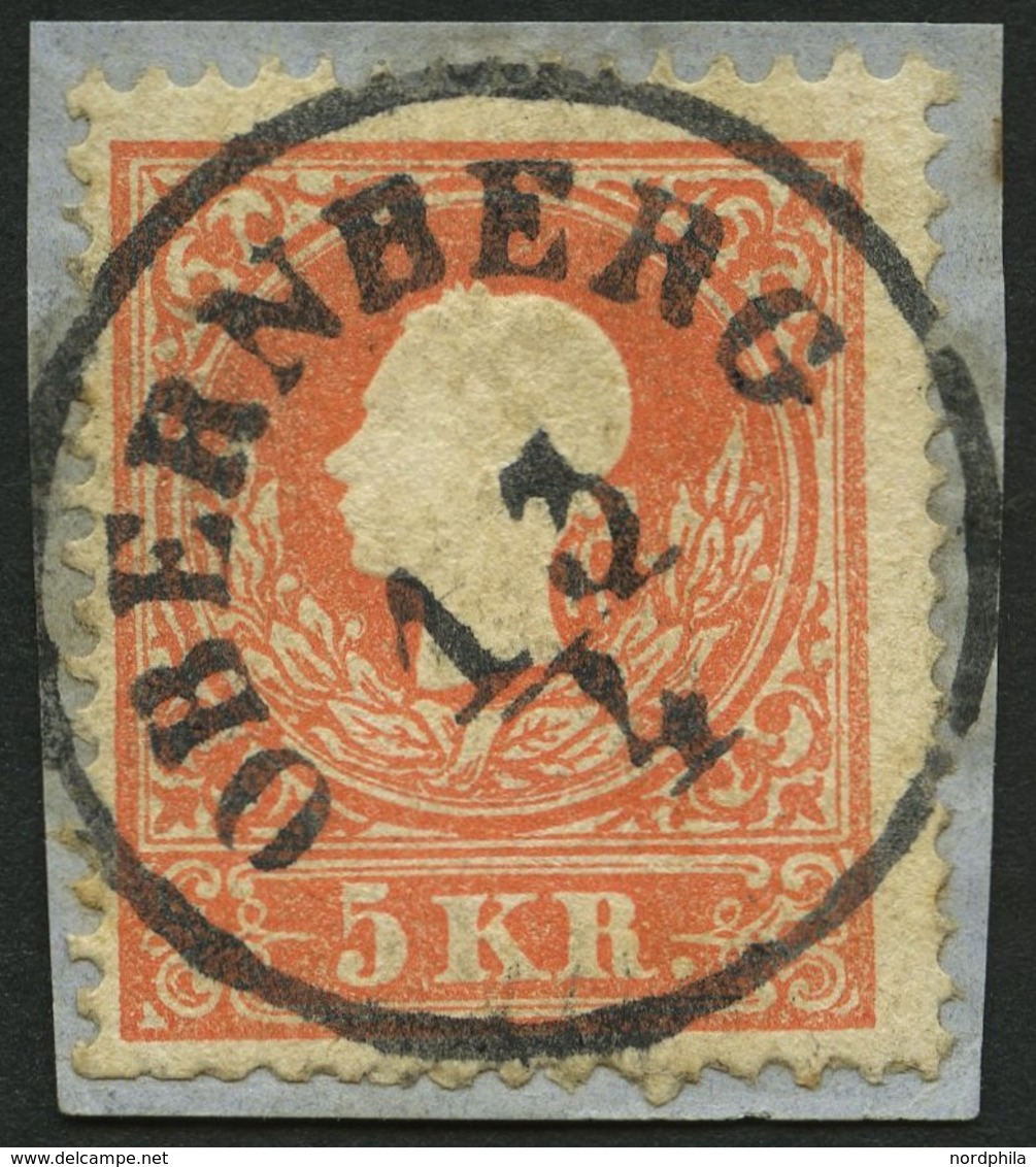 ÖSTERREICH 13I BrfStk, 1858, 5 Kr. Rot, Type I, Zentrischer K1 OBERNBERG, üblich Gezähnt, Prachtbriefstück - Used Stamps