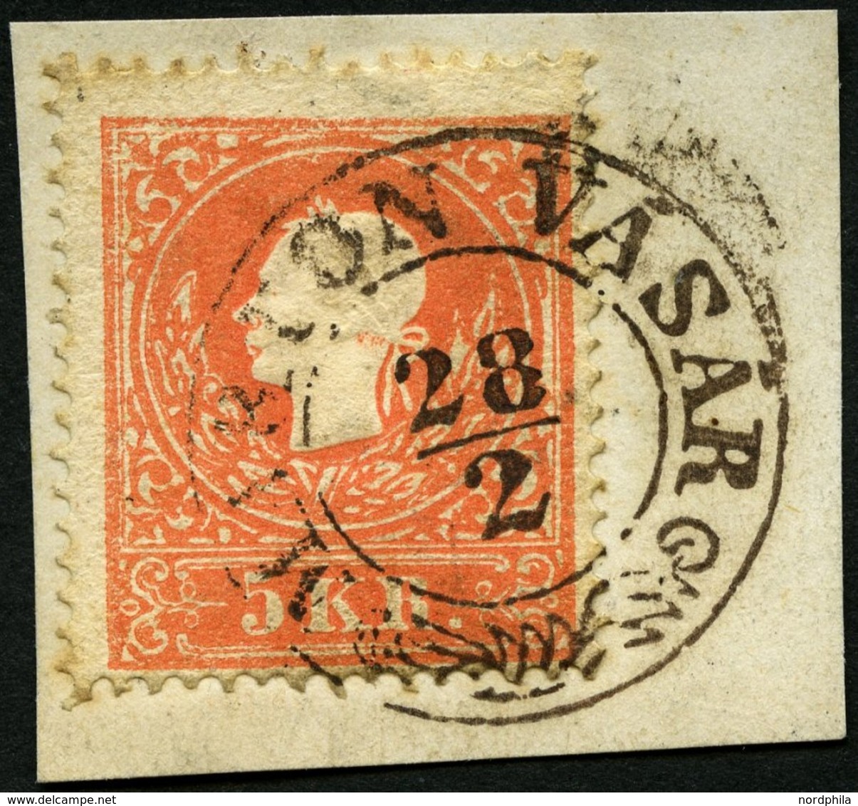 ÖSTERREICH 13II BrfStk, 1859, 5 Kr. Rot, Type II, Mit Ungarischem K2 MARTON VASAR, Prachtbriefstück - Gebruikt