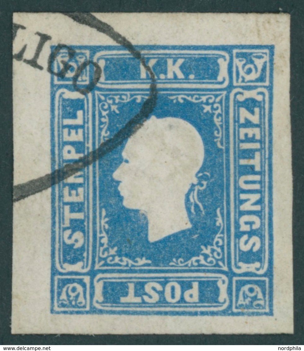 ÖSTERREICH BIS 1867 16a O, 1858, 1.05 Kr. Hellblau Mit Teilabschlag PIEVE DI SOLOGO, Voll-überrandiges Prachtstück, Foto - Gebruikt