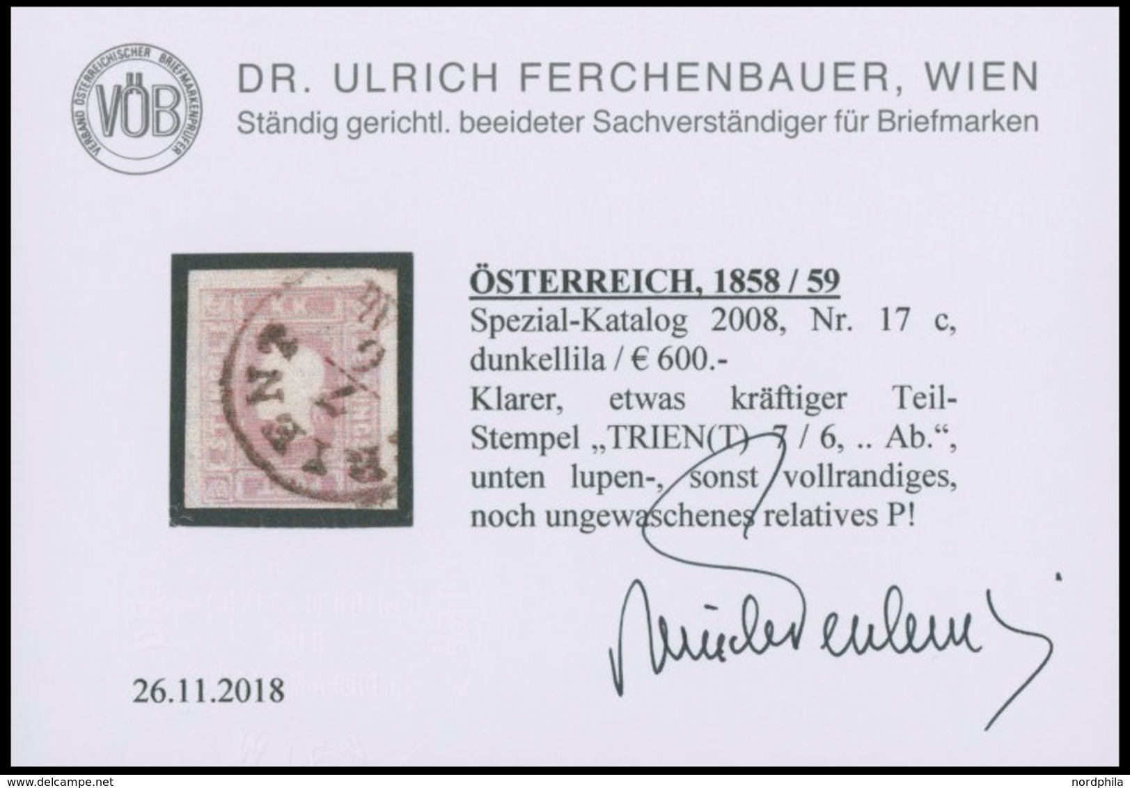 ÖSTERREICH BIS 1867 17a O, 1858, 1.05 Kr. Dunkellila, Stempel TRIENT, Schmal-vollrandig, Pracht, Fotobefund Dr. Ferchenb - Usati