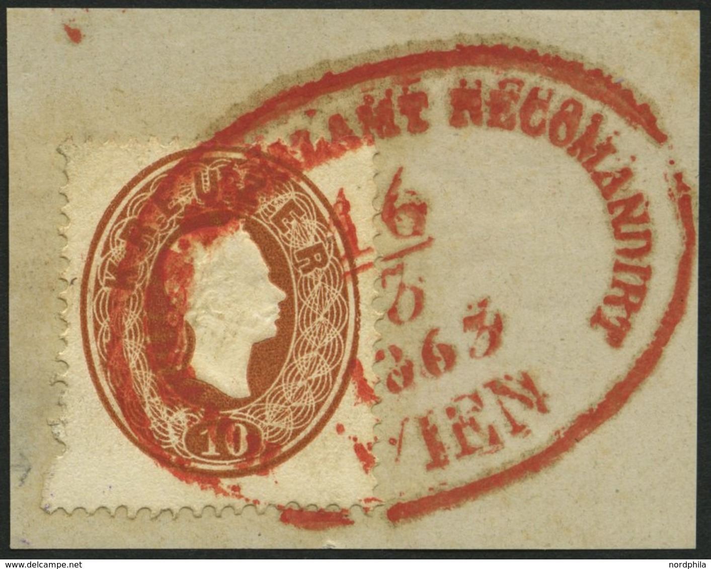 ÖSTERREICH 21 BrfStk, 1863, 10 Kr. Braun, Vollständiger Roter Ovalstempel WIEN K.K. BRIEF-FILIALAMT RECOMMANDIRT 1863, P - Used Stamps