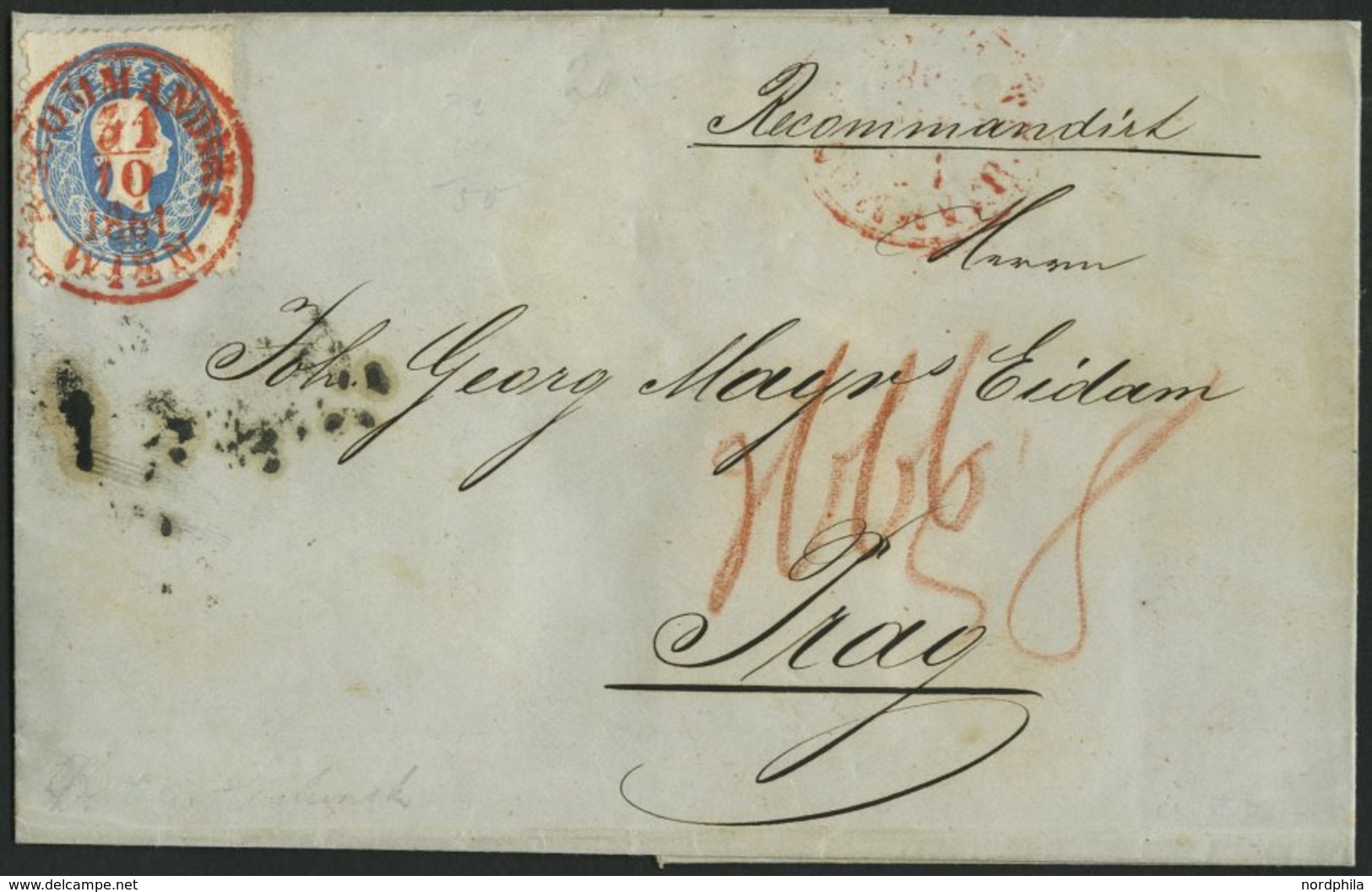 ÖSTERREICH 21/2 BRIEF, 1861, 15 Kr. Blau Und Rückseitiges Reco-Porto 1o Kr. Braun, Je Mit Rotem K1 RECOMMANDIRT WIEN 186 - Usati