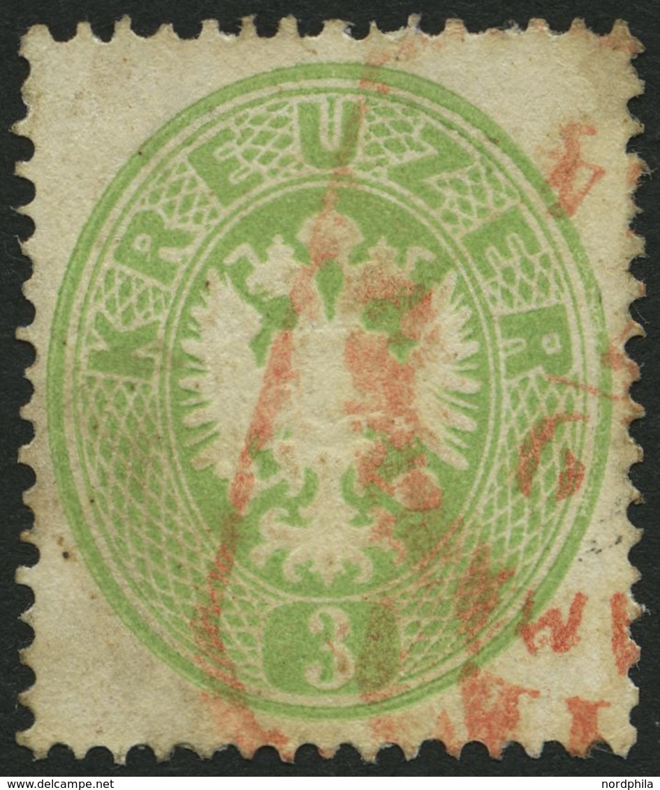 ÖSTERREICH 25 O, 1863, 3 Kr. Grün, Roter Stempel, üblich Gezähnt Pracht - Usati