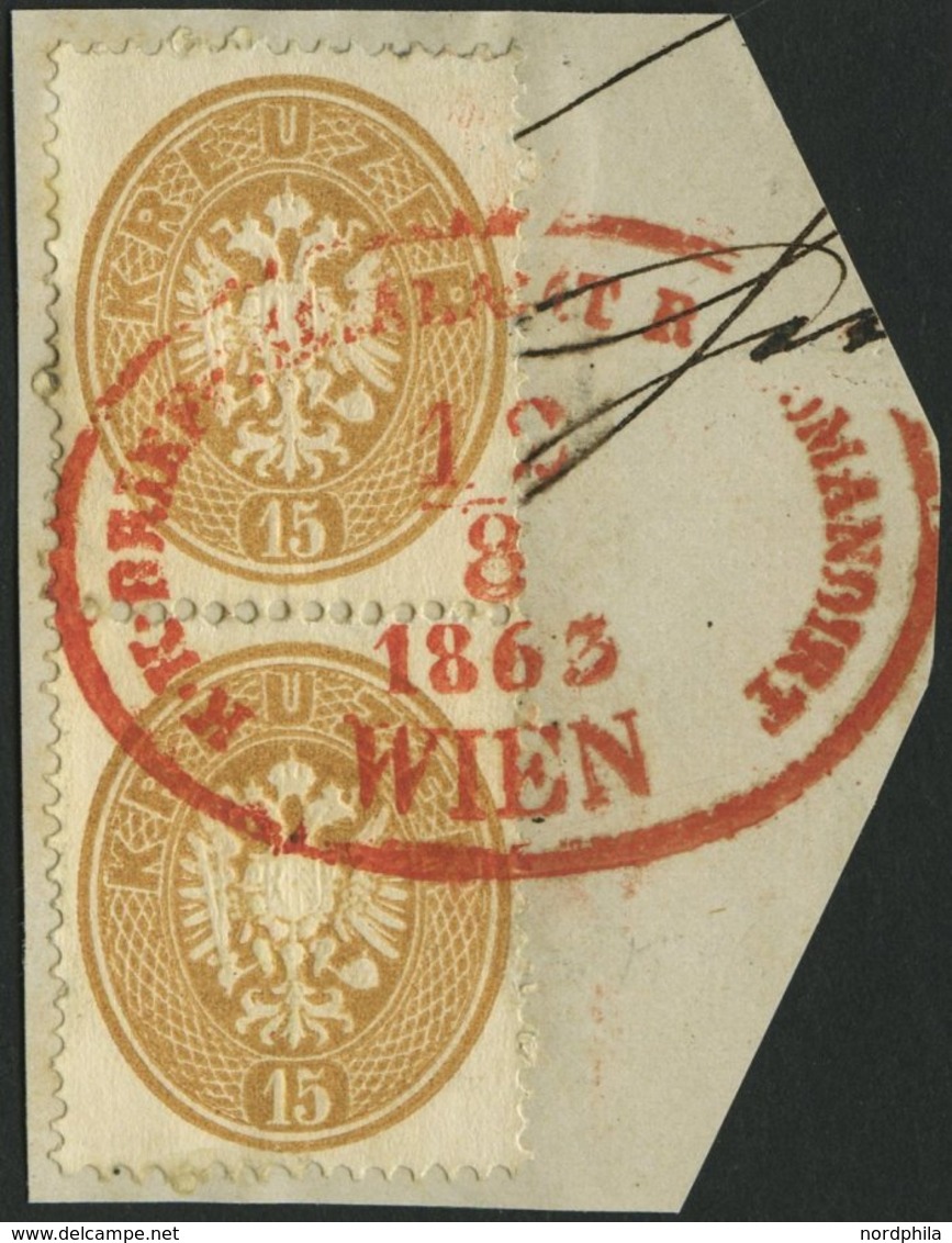 ÖSTERREICH 28 Paar BrfStk, 1863, 15 Kr. Braun Im Senkrechten Paar Auf Briefstück, Roter Ovalstempel K.K. BRIEF-FILIALAMT - Usati