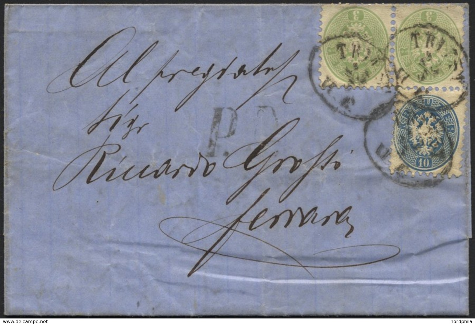 ÖSTERREICH 31 Paar,33 BRIEF, 1866, 3 Kr. Grün Im Waagerechten Paar Mit 10 Kr. Blau Auf Brief Von TRIEST Nach Fernana, Fe - Gebruikt