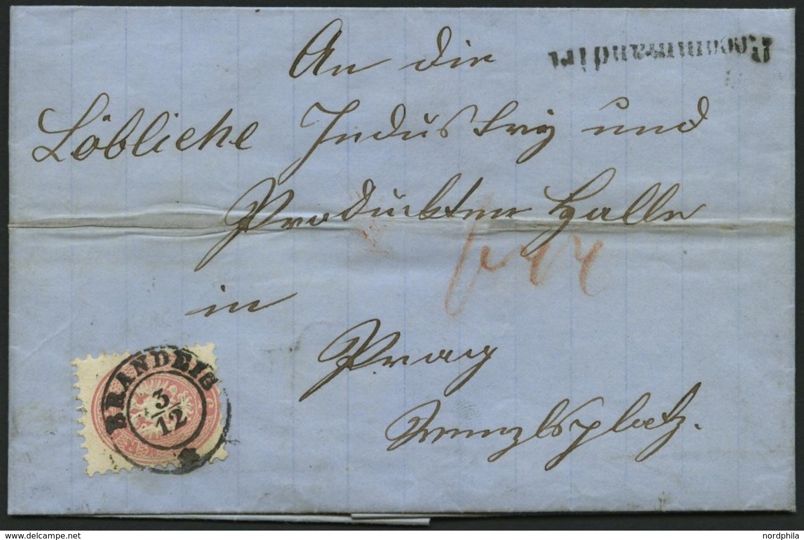 ÖSTERREICH 32/3 BRIEF, 1865, 5 Kr. Rosa Und Rückseitiges Reco-Porto 10 Kr. Blau Auf Brief Mit K2 BRANDEIG, L1 RECOMMANDI - Gebruikt