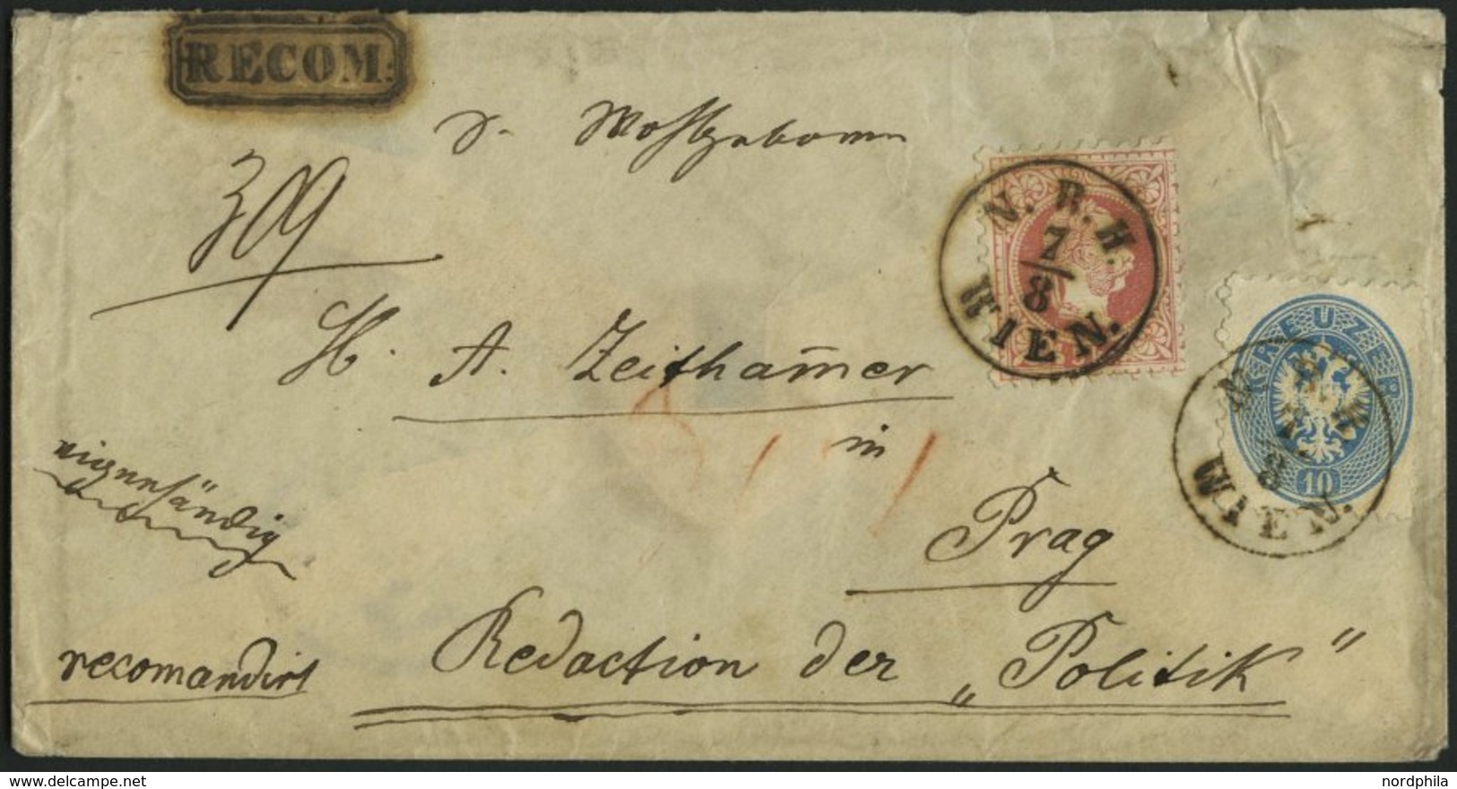 ÖSTERREICH 33,37I BRIEF, Mischfrankatur: 1867, 10 Kr. Blau Und 5 Kr. Rot, Grober Druck, Auf Kleinem Reco-Brief Mit K1 N. - Usati