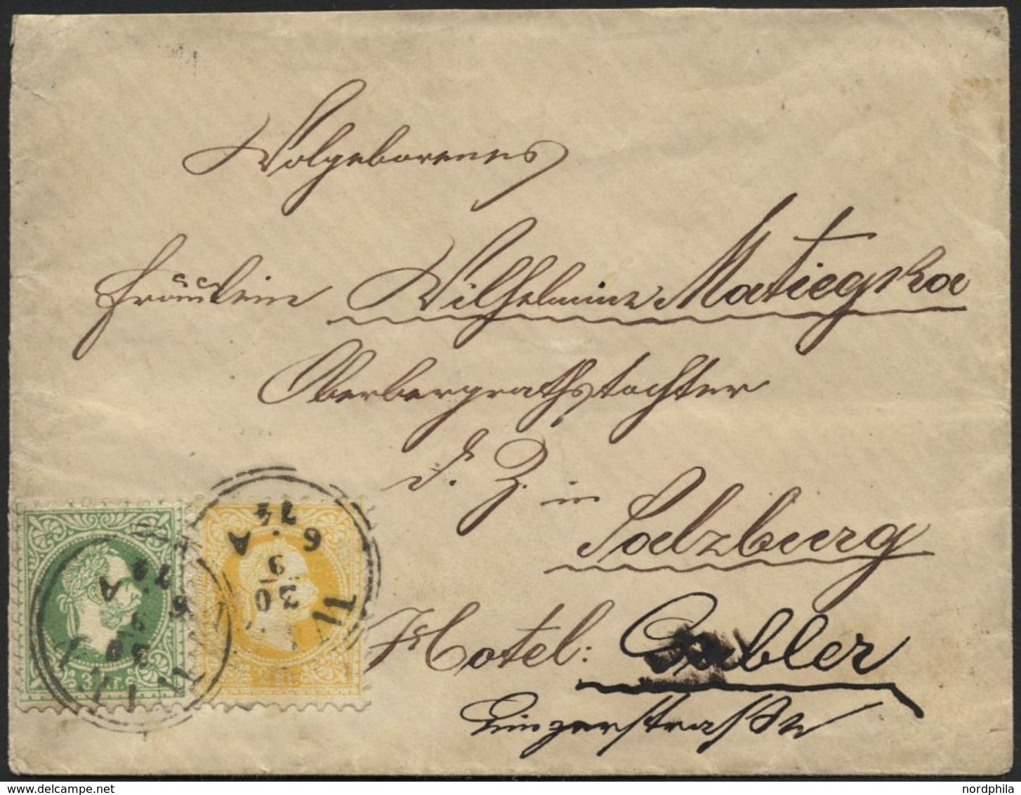 ÖSTERREICH 35/6I BRIEF, 1874, 2 Kr. Gelb Und 3 Kr. Grün, Grober Druck, Auf Brief Von WIEN Nach Salzburg, Pracht - Andere & Zonder Classificatie