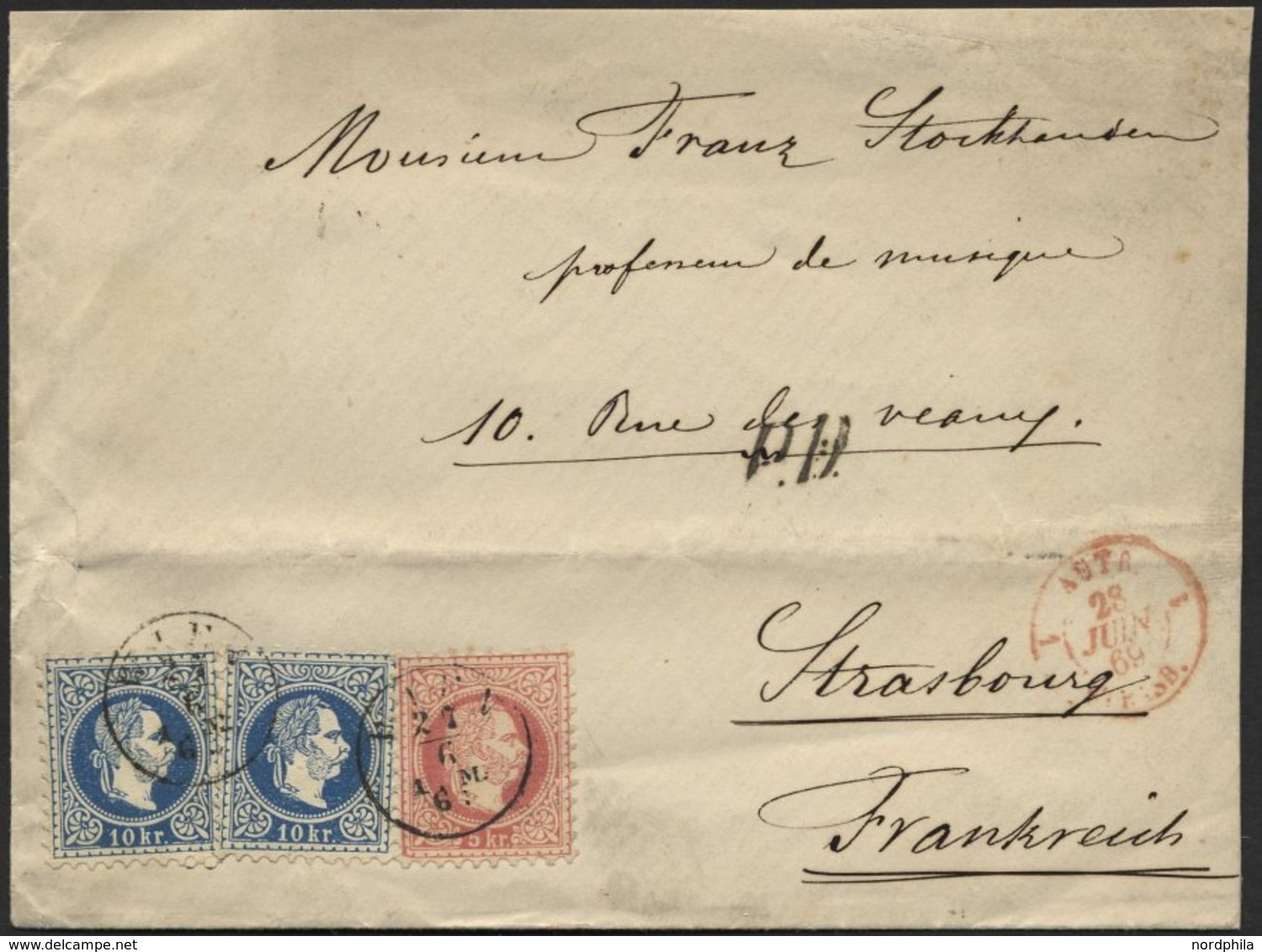 ÖSTERREICH 37/8I BRIEF, 1869, 5 Kr. Karmin Und 2x 10 Kr. Blau, Grober Druck, Auf Brief Von WIEN Nach Strasbourg, Leichte - Altri & Non Classificati