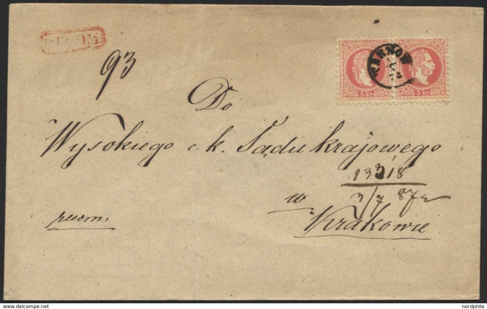 ÖSTERREICH 37I Paar,38I BRIEF, 1872, 5 Kr. Karmin Im Paar Und 10 Kr. Blau (rückseitig), Grober Druck, Mit Fingerhutstemp - Sonstige & Ohne Zuordnung