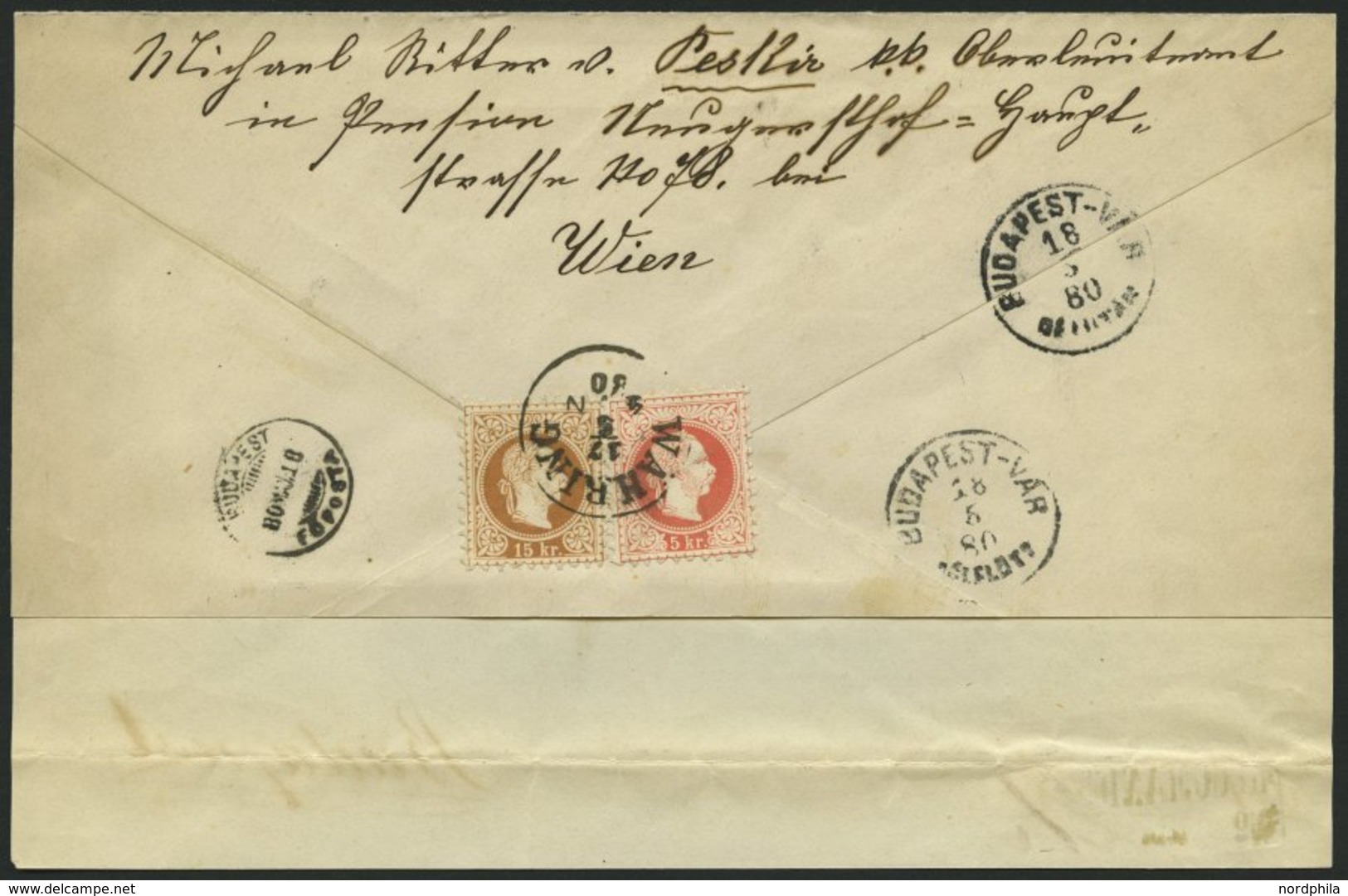 ÖSTERREICH 37II,39II BRIEF, 1880, 5 Kr. Rot Und 15 Kr. Braun, Feiner Druck, Rückseitig Auf Reco-Brief Mit K1 WAHRING Nac - Altri & Non Classificati