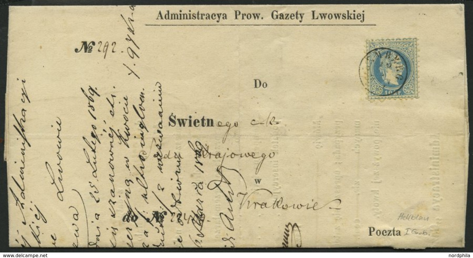 ÖSTERREICH 38Ic BRIEF, 1869, 10 Kr. Hellblau, Grober Druck, Auf Brief Mit K1 LEMBERG, Pracht - Other & Unclassified