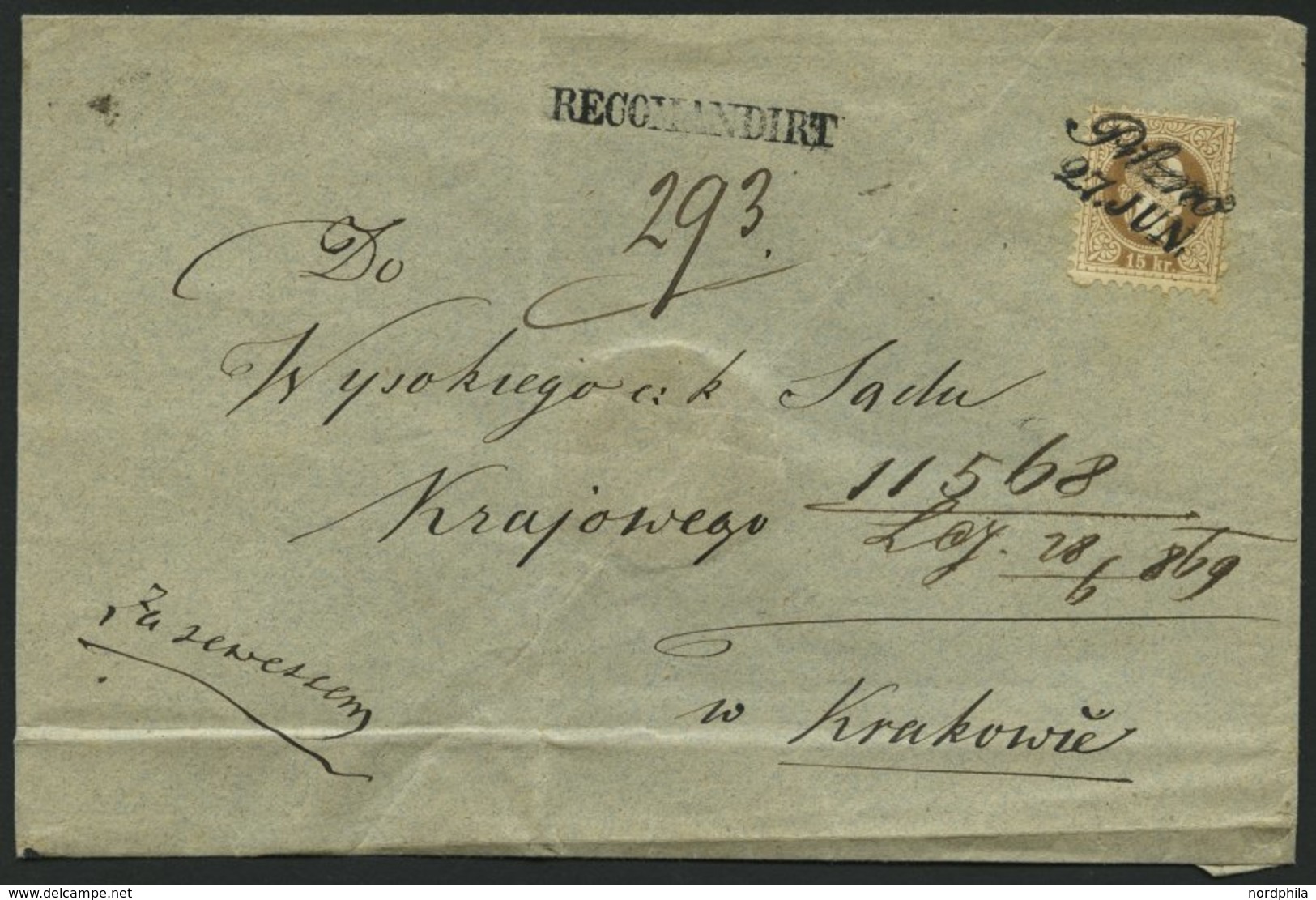 ÖSTERREICH 39bII BRIEF, 1869, 15 Kr. Graubraun, Feiner Druck Und Rückseitiges 10 Kr. Reco-Porto Auf Siegelbrief Mit L2 P - Other & Unclassified