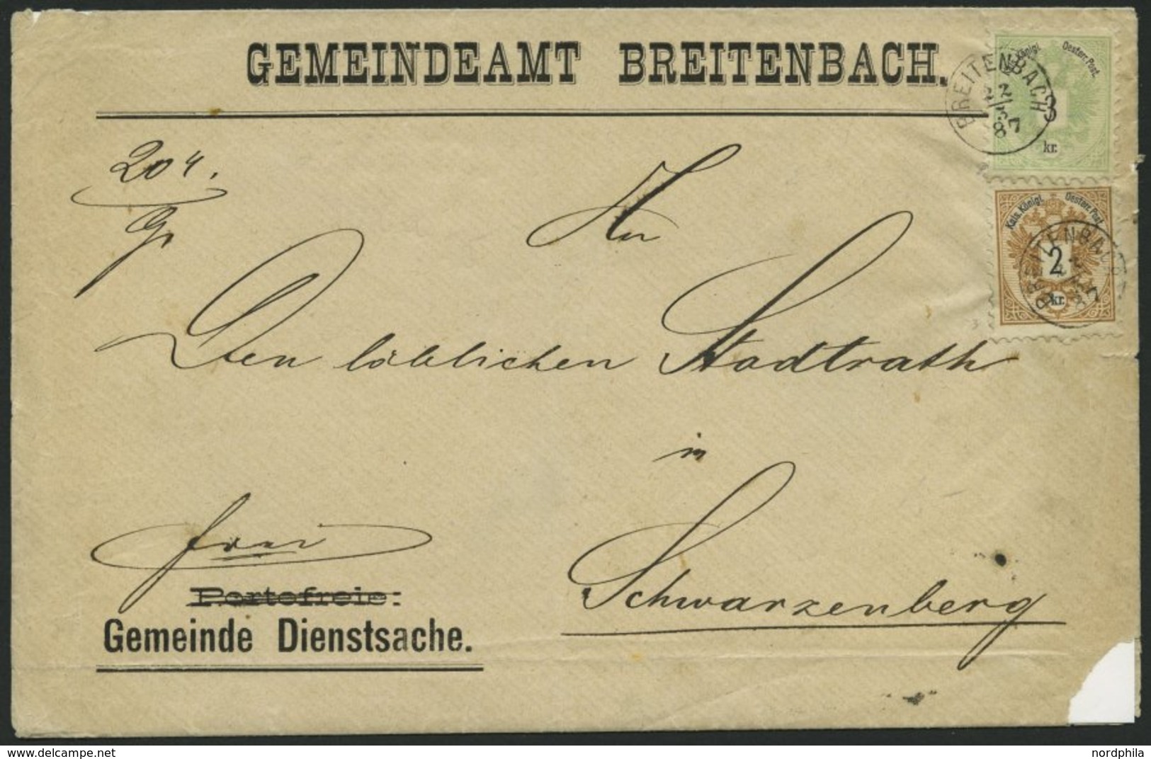 ÖSTERREICH 44/5 BRIEF, 1887, 2 Und 3 Kr. Doppeladler Auf Dienstsache Mit Fingerhut-K1 BREITENBACH, Feinst - Other & Unclassified