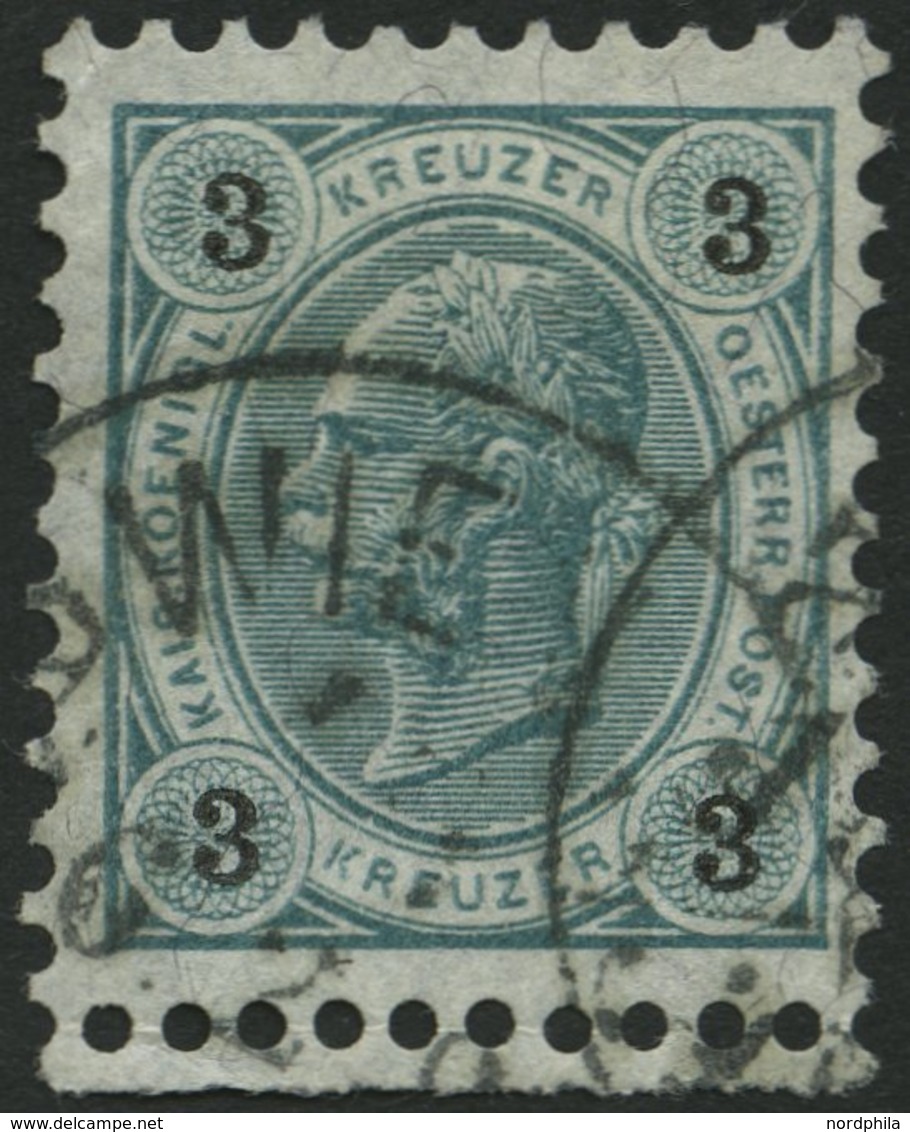 ÖSTERREICH 52 O, 1890, 3 Kr. Dunkelgrünblau/schwarz, Unten Mit Kleinem Anhängenden Bogenrand, Pracht - Andere & Zonder Classificatie