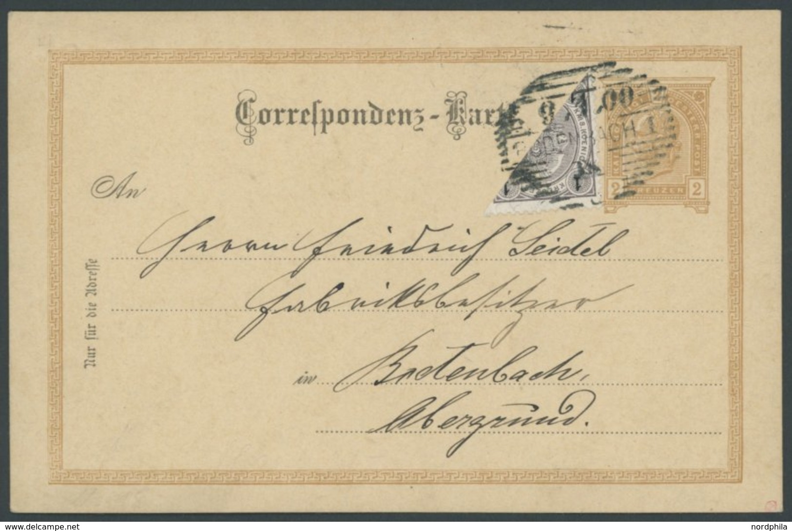 ÖSTERREICH 1867-1918 69H BRIEF, 1900, 1 H. Lebhaftbraunpurpur/schwarz, Diagonal Halbiert Als Zusatzfrankatur Auf 2 Kr. G - Sonstige & Ohne Zuordnung