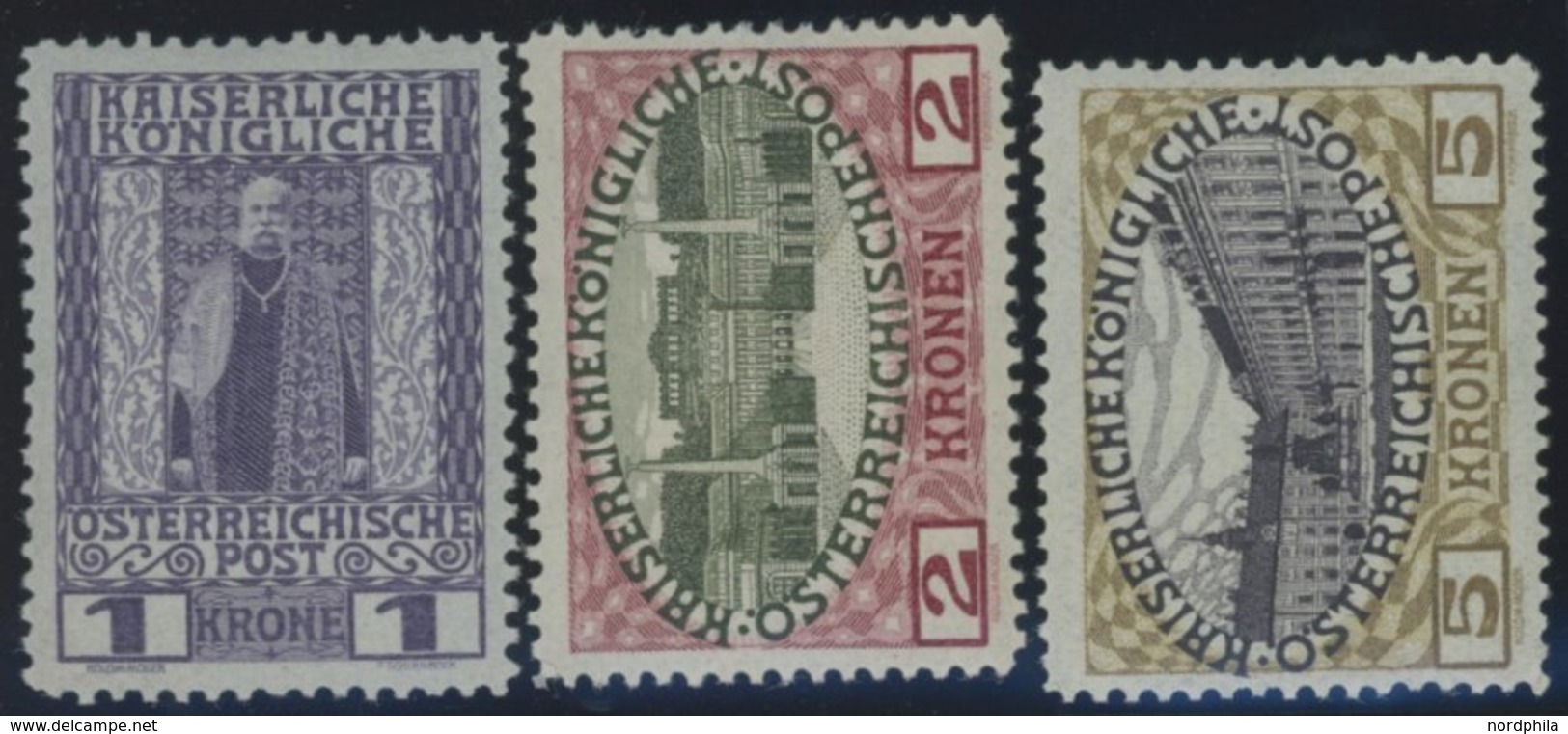 ÖSTERREICH 1867-1918 153-55 *, 1908, 1 - 5 Kr. Regierungsjubiläum, Falzreste, 3 Prachtwerte, Mi. 135.- - Other & Unclassified