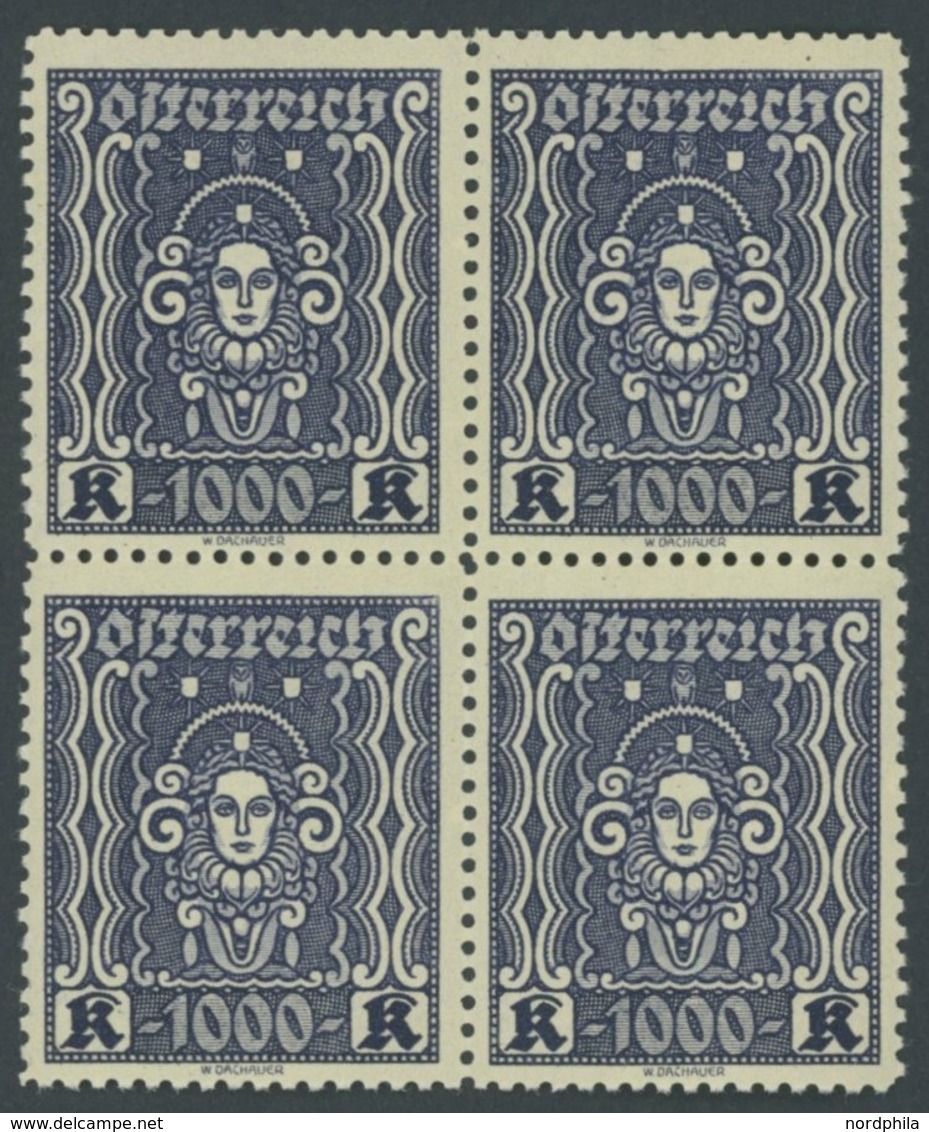 ÖSTERREICH 1918-1938 404B VB **, 1922, 1000 Kr. Schwarzblau, Gezähnt L 111/2, Im Postfrischen Viererblock, Pracht, Mi. ( - Sonstige & Ohne Zuordnung