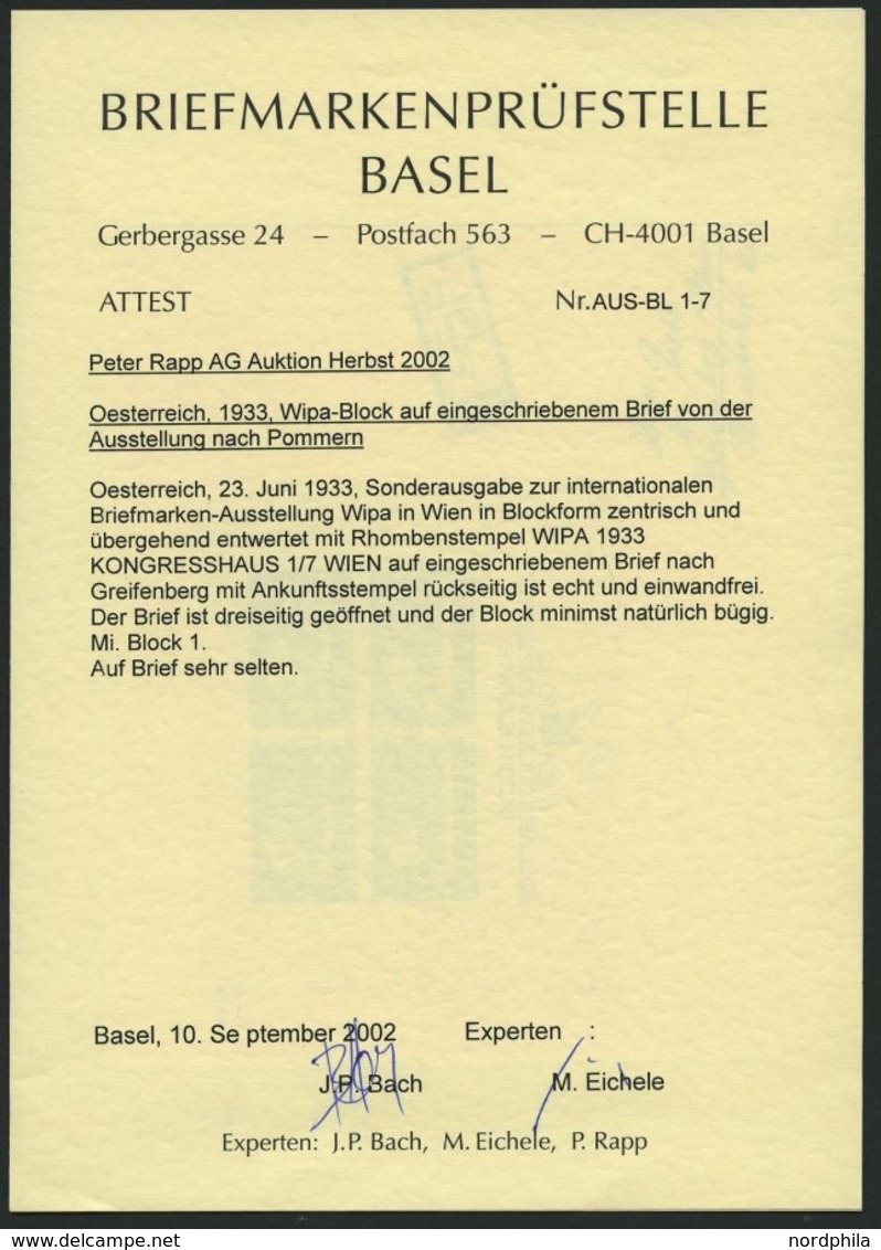 ÖSTERREICH Bl. 1, 1933, Block WIPA Auf Einschreibbrief Mit Sonderstempel KONGRESSHAUS Nach Pommern, Fotoattest Bach/Eich - Andere & Zonder Classificatie