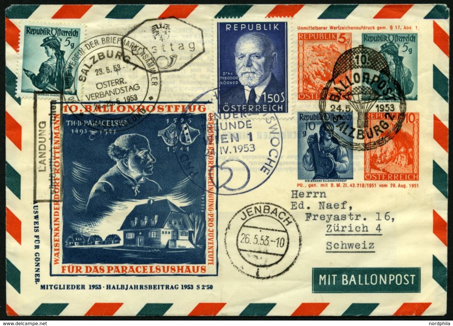 ÖSTERREICH 982 BRIEF, 1953, 1.50 S. Körner Auf FDC Als Zusatzfrankatur Auf Ballonpost-Ganzssachenumschlag 10. Ballonpost - Gebruikt