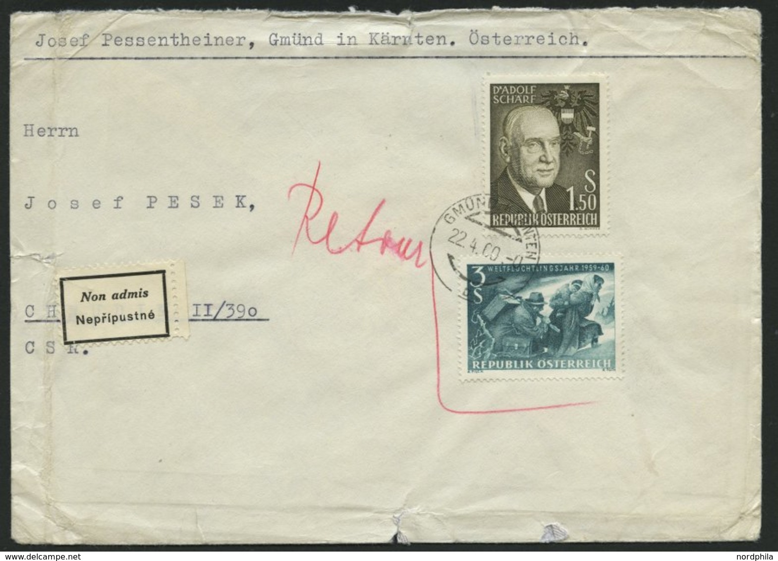 ÖSTERREICH 1074 BRIEF, 1960, 3 S. Weltflüchtlingsjahr Mit Zusatzfrankatur Auf Brief In Die Tschechoslowakei Mit Retourve - Usados