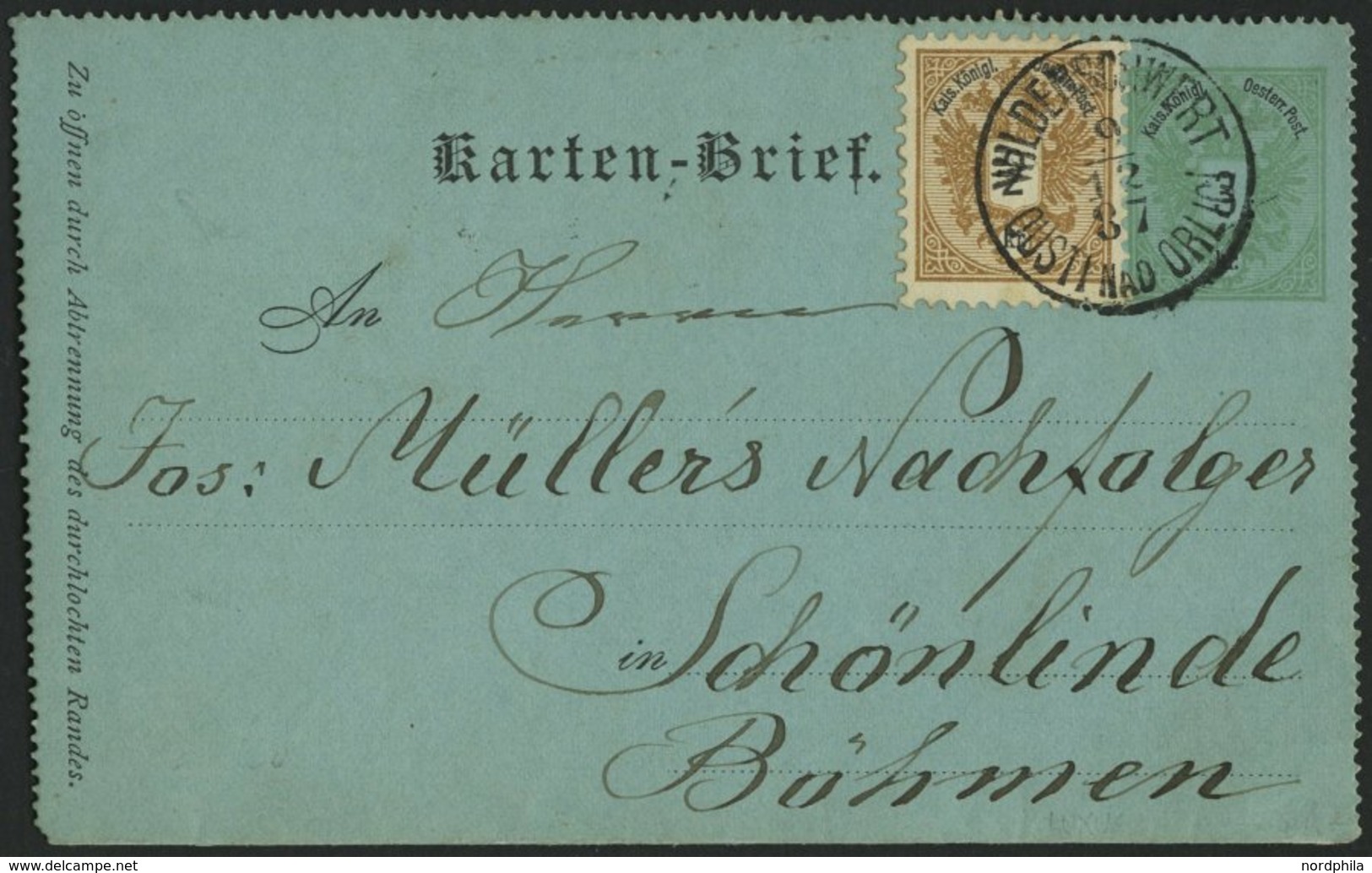 GANZSACHEN K 1a,44 BRIEF, 1887, 3 Kr. Grün, Kartenbrief (deutsch), Grün, Mit Zusatzfrankatur 2 Kr. Doppeladler Von WILDE - Other & Unclassified