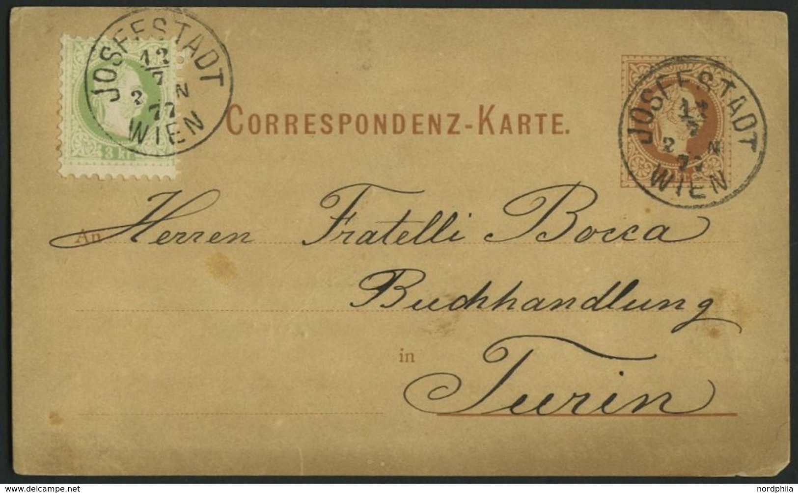 GANZSACHEN P 25,36II BRIEF, 1877, 2 Kr. Rotbraun, Karte (deutsch) Mit Zusatzfrankatur 3 Kr. Grün, Feiner Druck, Von JOSE - Other & Unclassified