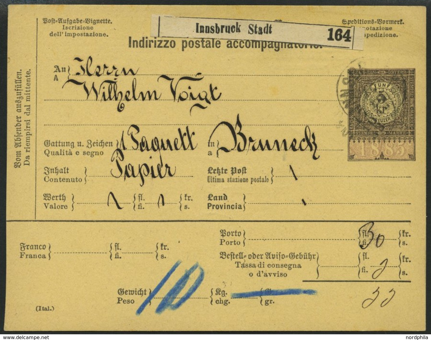 GANZSACHEN 1888, 5 Kr. Hellrosa/schwarz Postbegleitadresse Für Nachnahme, Deutsch/italienisch, Von Innsbruck Nach Brunec - Other & Unclassified
