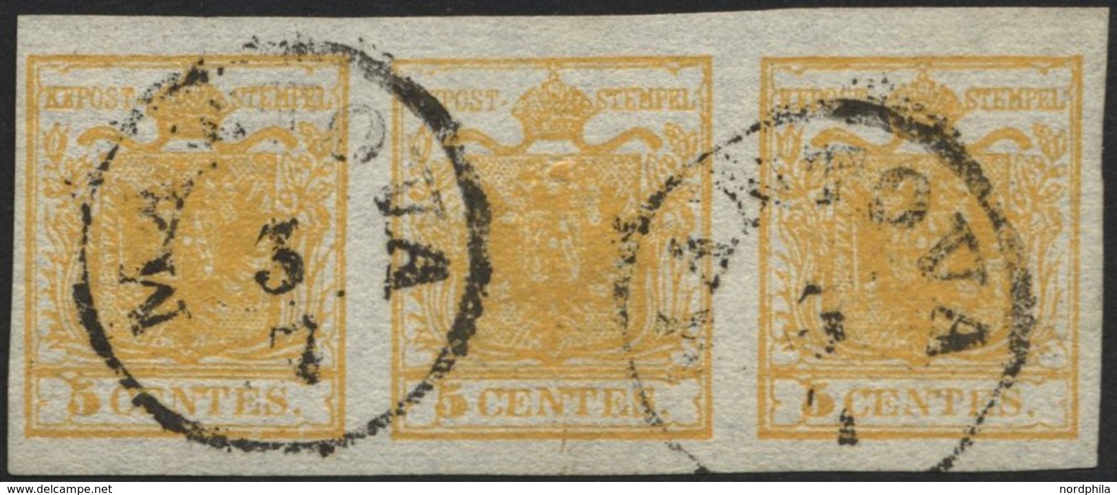 LOMBARDEI UND VENETIEN 1Xa O, 1850, 5 C. Ockergelb, Handpapier, Im Waagerechten Dreierstreifen, K1 MANTOVA, Pracht - Lombardije-Venetië