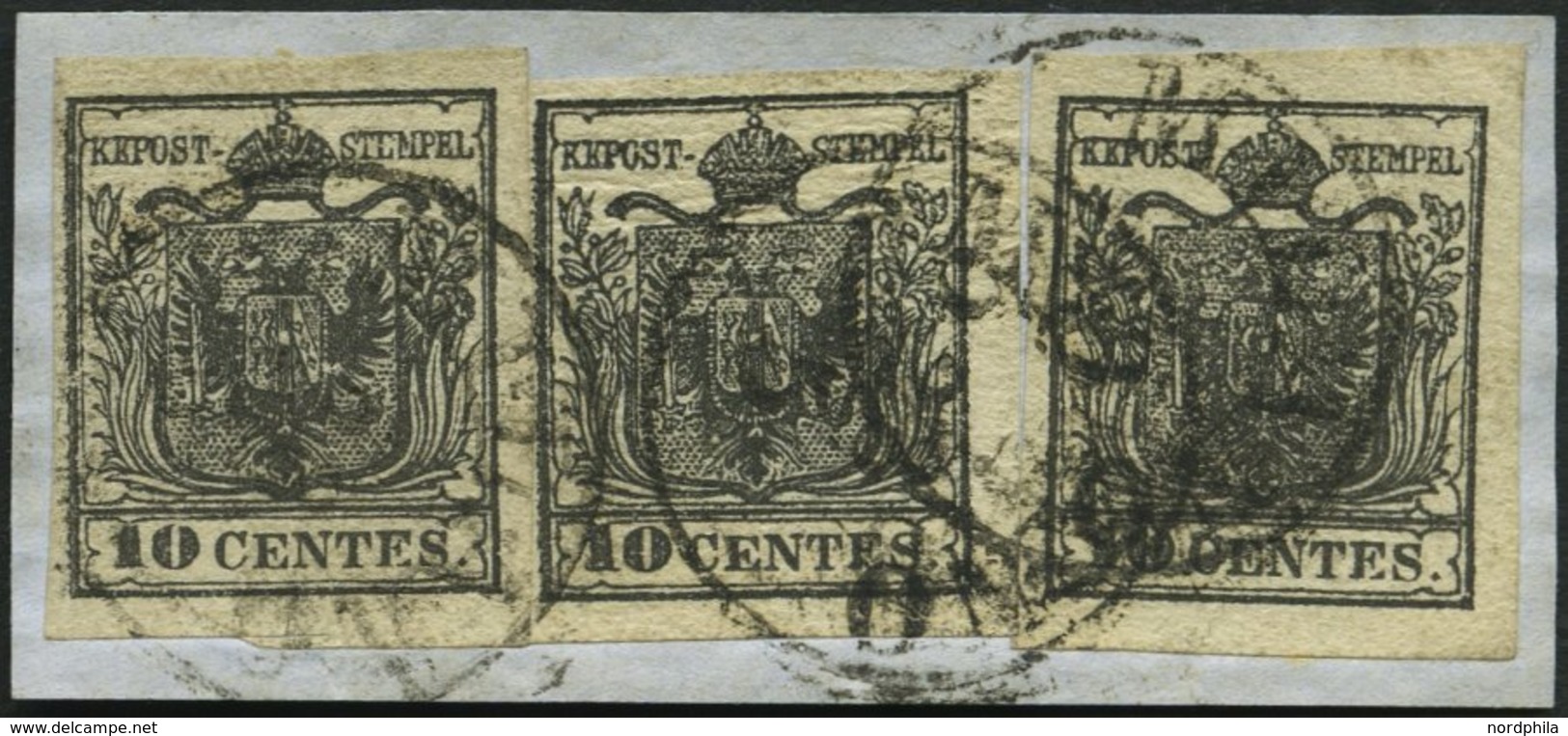 LOMBARDEI UND VENETIEN 2Xa BrfStk, 1850, 10 C. Schwarz, Handpapier, Type Ib, Ia, Ia, Dreifachfrankatur Auf Prachtbriefst - Lombardije-Venetië