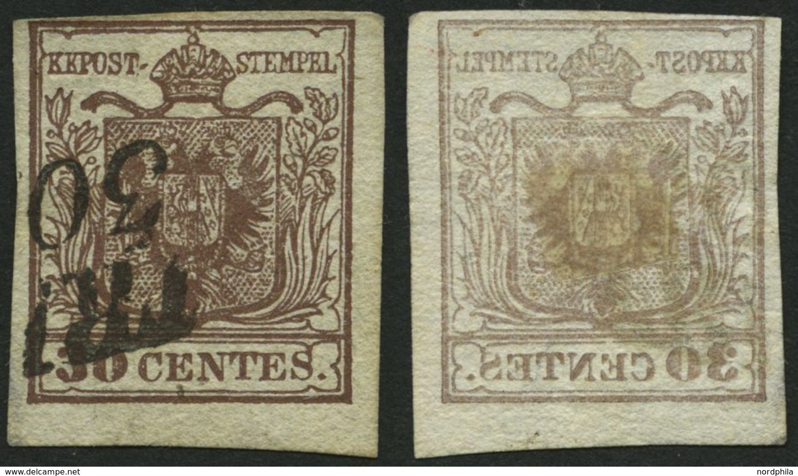 LOMBARDEI UND VENETIEN 4X O, 1850, 30 C. Braun, Type I, Deutlicher Abklatsch, Pracht - Lombardije-Venetië